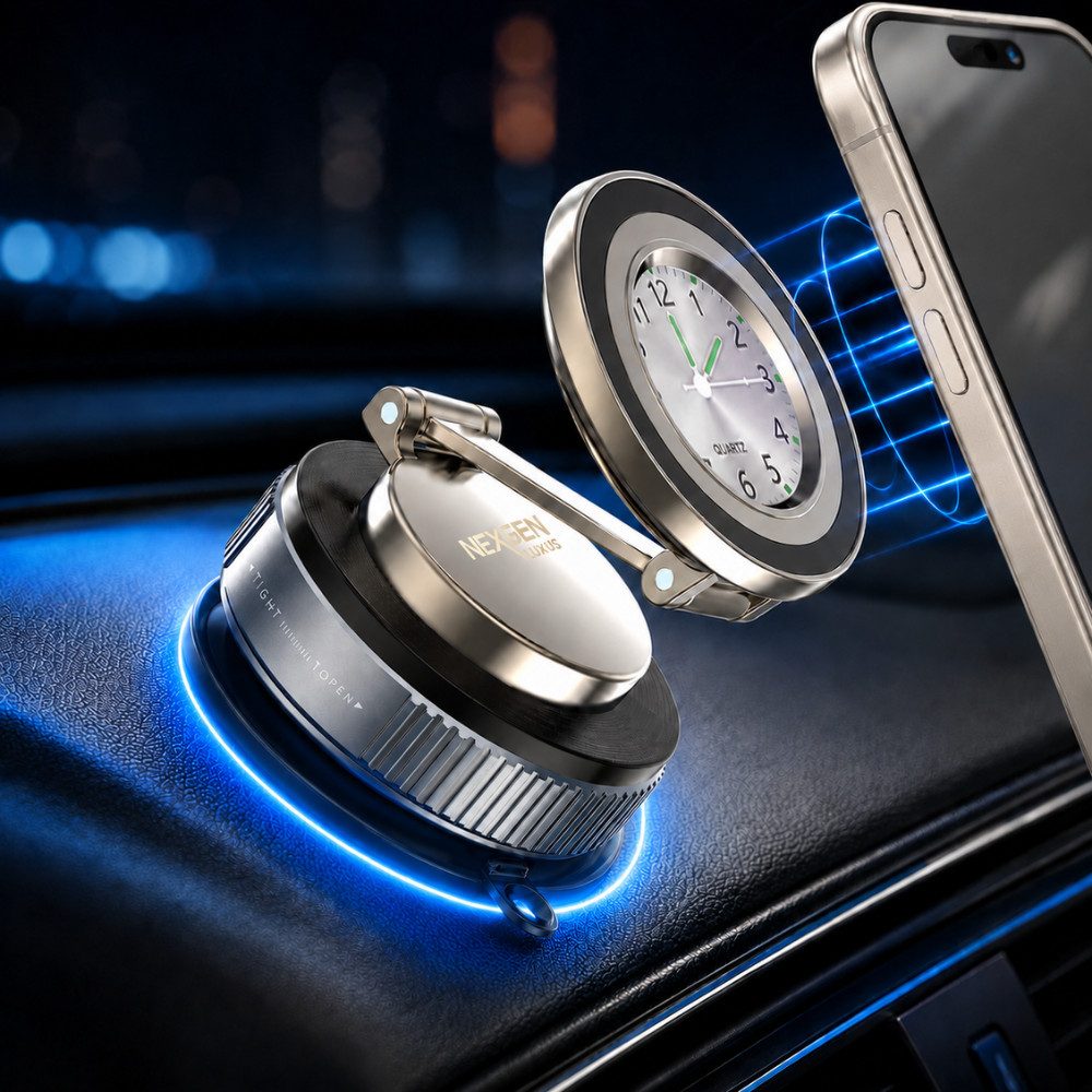 NEXGEN LUXUS HANDY-ZUBEHÖR Smartphone-Halterung Handyhalterung Auto Magnet KFZ Smartphone Halterung mit Uhr 360 NEU, (Magnetischer Halt, edle Uhr & 360° Premium-Komfort)