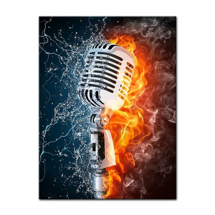 Bilderdepot24 Leinwandbild Microphone - Mikrofon Feuer und Wasser Grafikdesign