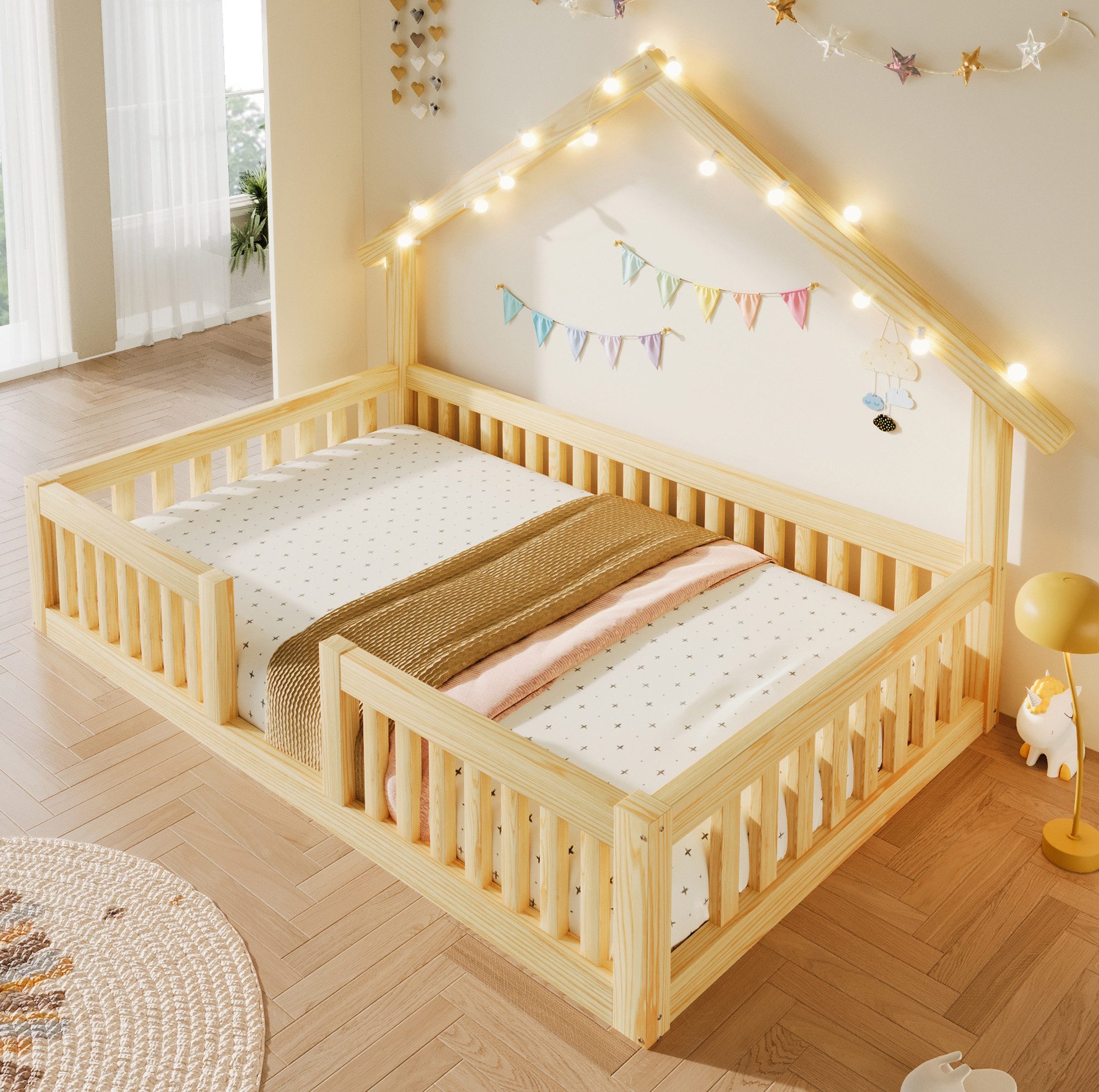 MODFU Kinderbett Bodenbett Holz mit LED Beleuchtung und Gitter 90×200 cm Natur (Packung, 1-tlg., Bettgestell aus Holz mit Lichterkette und offenem Aufbau ohne Matratze), Hausbett Design mit Rausfallschutz für moderne Kinderzimmer Räume