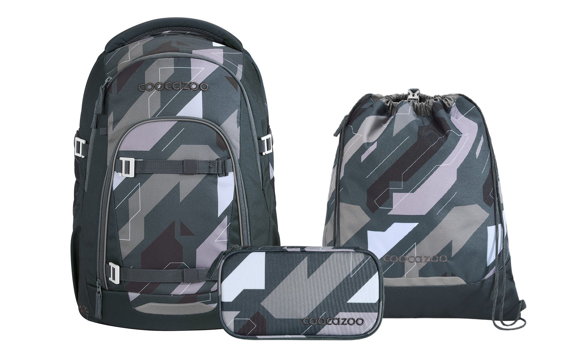 coocazoo Schulranzen Schulrucksack-Set MATE Dark Race 3-teilig (3-teilig), ergonomisch, Körpergröße: 135 - 180 cm, Easy-Grow-System