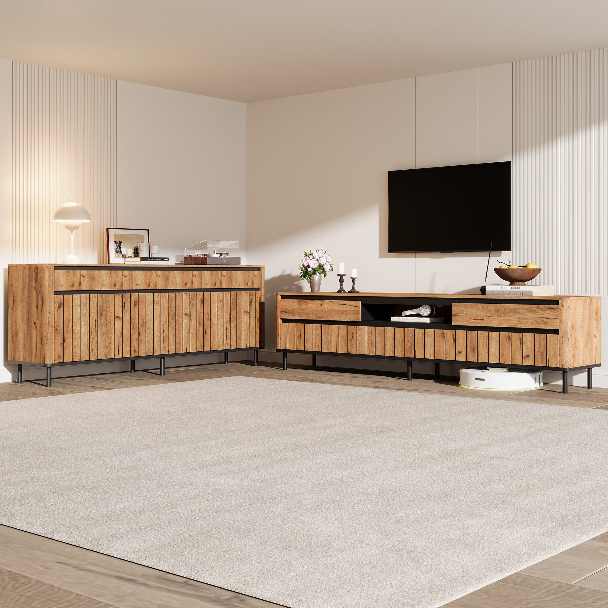 STILVORA Lowboard Wohnzimmer-Set mit 2 Schränken TV-Schrank bis 75 Zoll, Naturho