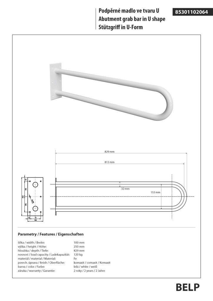 BRILLANTBAD® Stützklappgriff BELP Stützgriff U-Form Eisen Weiß für Bad & WC >> Bohren