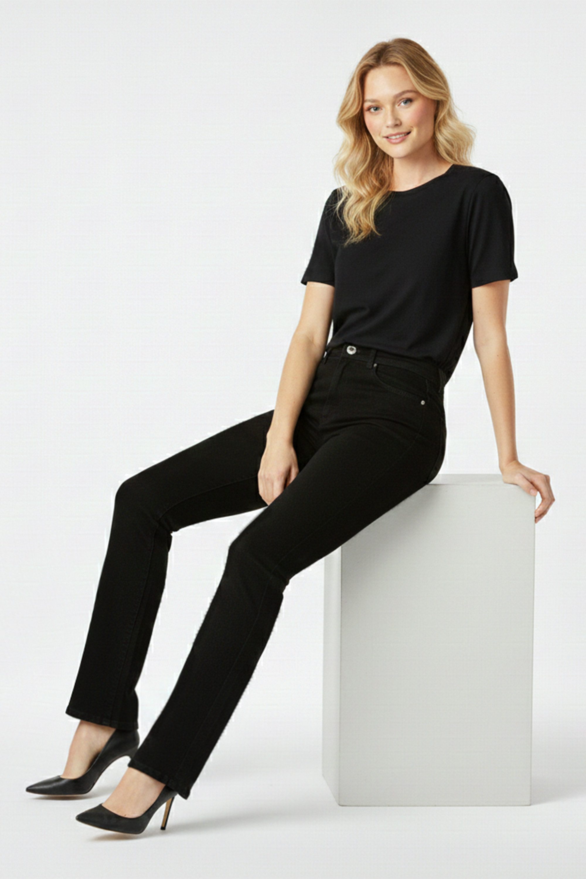 ESRA Stoffhose Damen Straight Fit Hose High Waist Business-Hose bis Große Größe T101 High Waist Damen Stoffhose Straight Leg Stretch Hose Gerade Schnitt