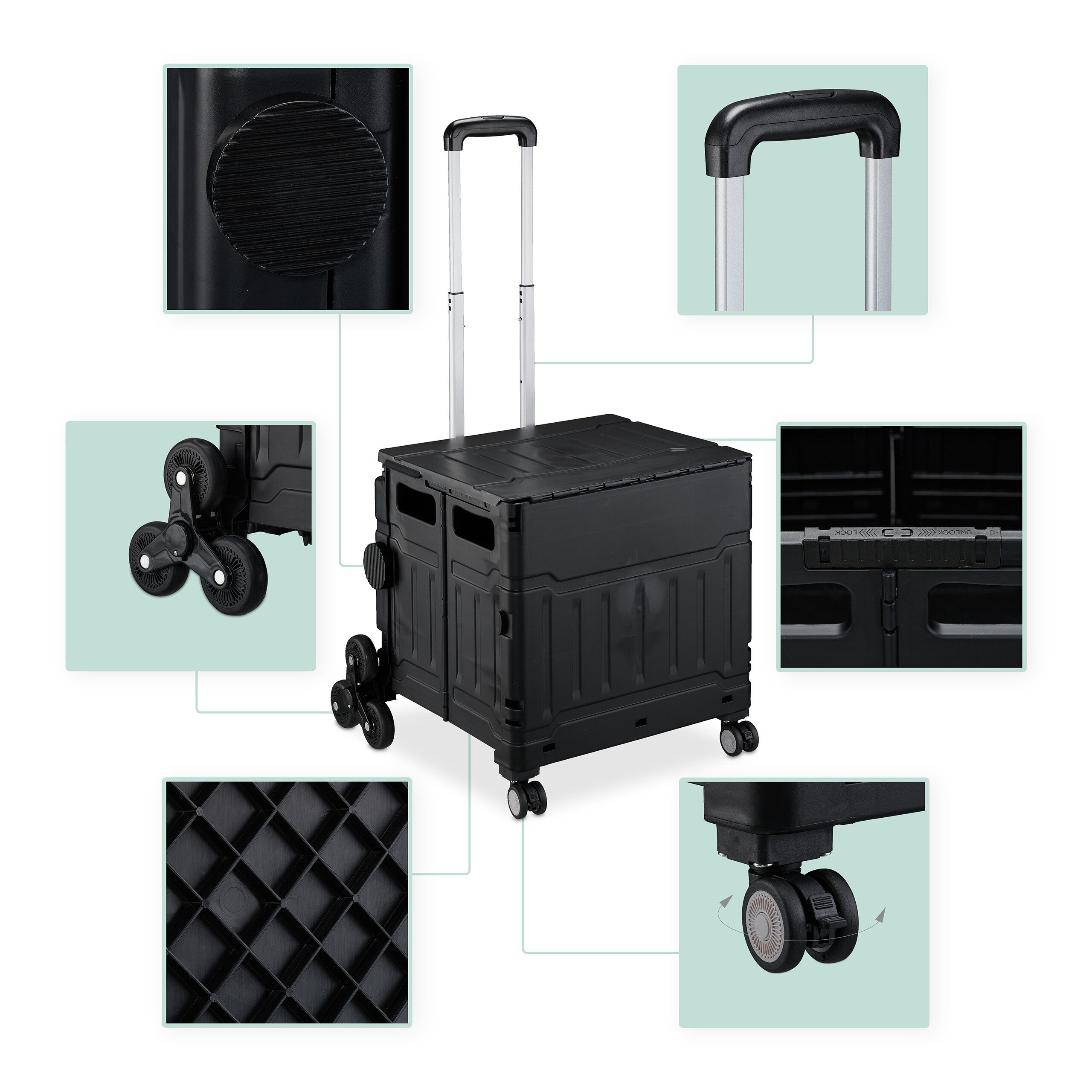 relaxdays Einkaufstrolley Treppensteig, 47 l, schwarz
