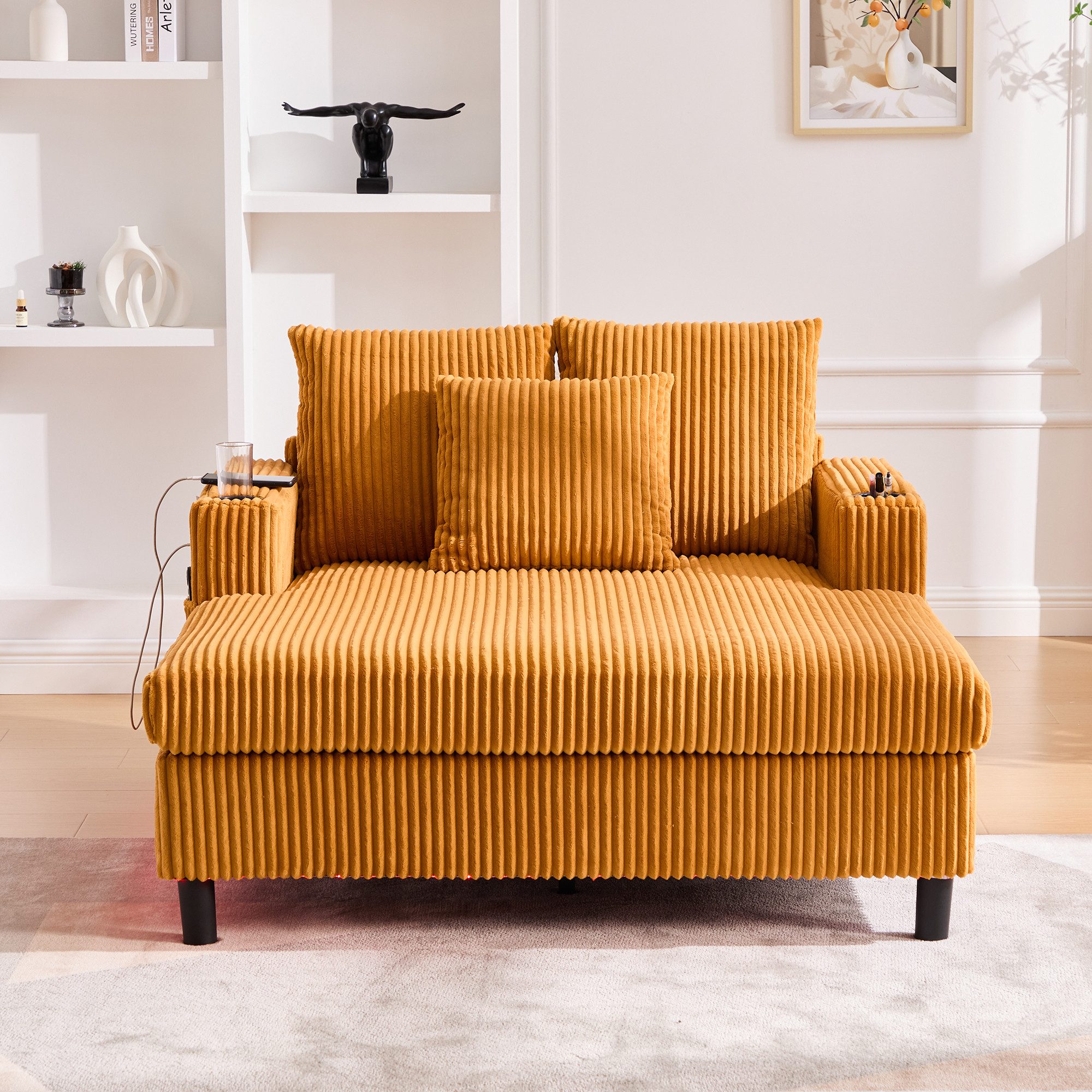 MODFU Loungesofa mit USB-Anschluss & Getränkehalter, ergonomisch, Übergroßer LED-Chaiselongue-Sessel,Polsterstuhl