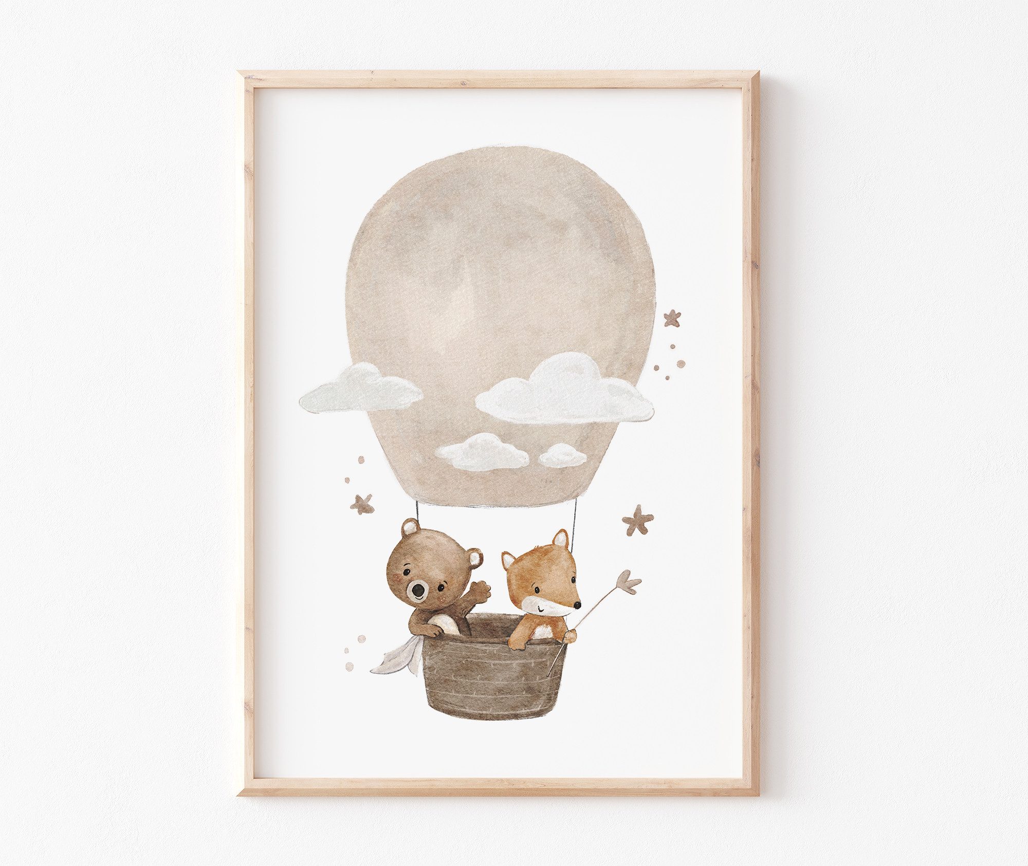 Pipapier Poster 3er Posterset "Heißluftballon Bär Fuchs, Wolken, Sterne sammeln", Bilderset, Ballon, Sterne, Kinderbilder A4 A3