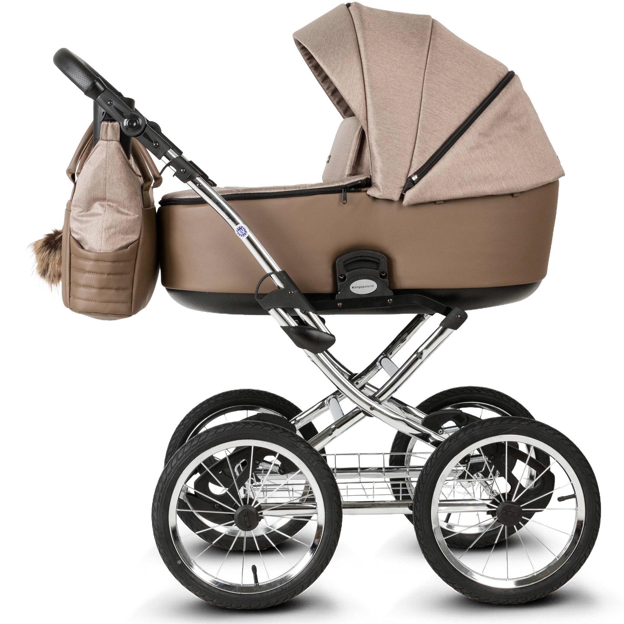 Knirpsenland Kombi-Kinderwagen Retro Style 2in1 inkl. Sportwagen, Wickeltasche & viel Zubehör, (Spar-Set), hohe Sicherheit durch One-Klick System der Kinderwagenaufsätze
