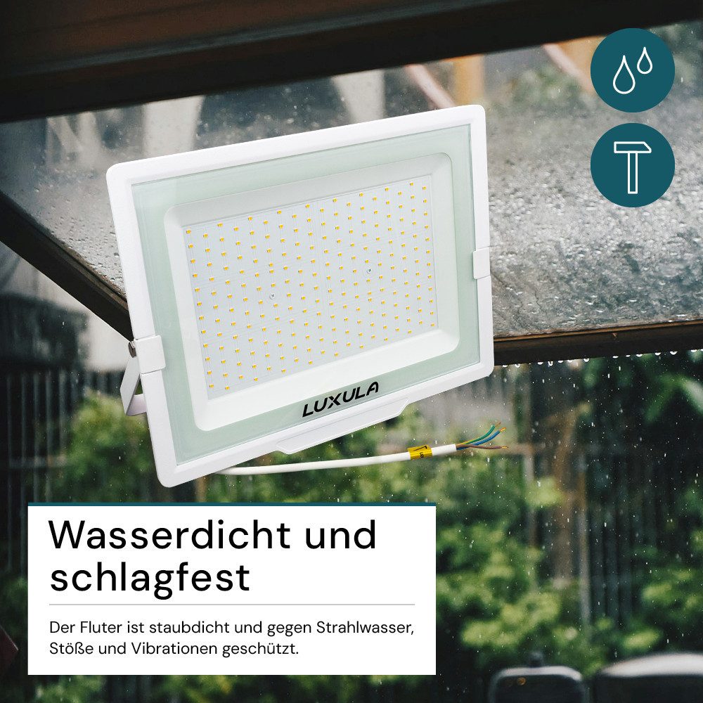 LUXULA LED Flutlichtstrahler LED-Fluter, 200 W, 3000 K (warmweiß), 20000 lm, weiß, IP65, LED fest integriert, Warmweiß