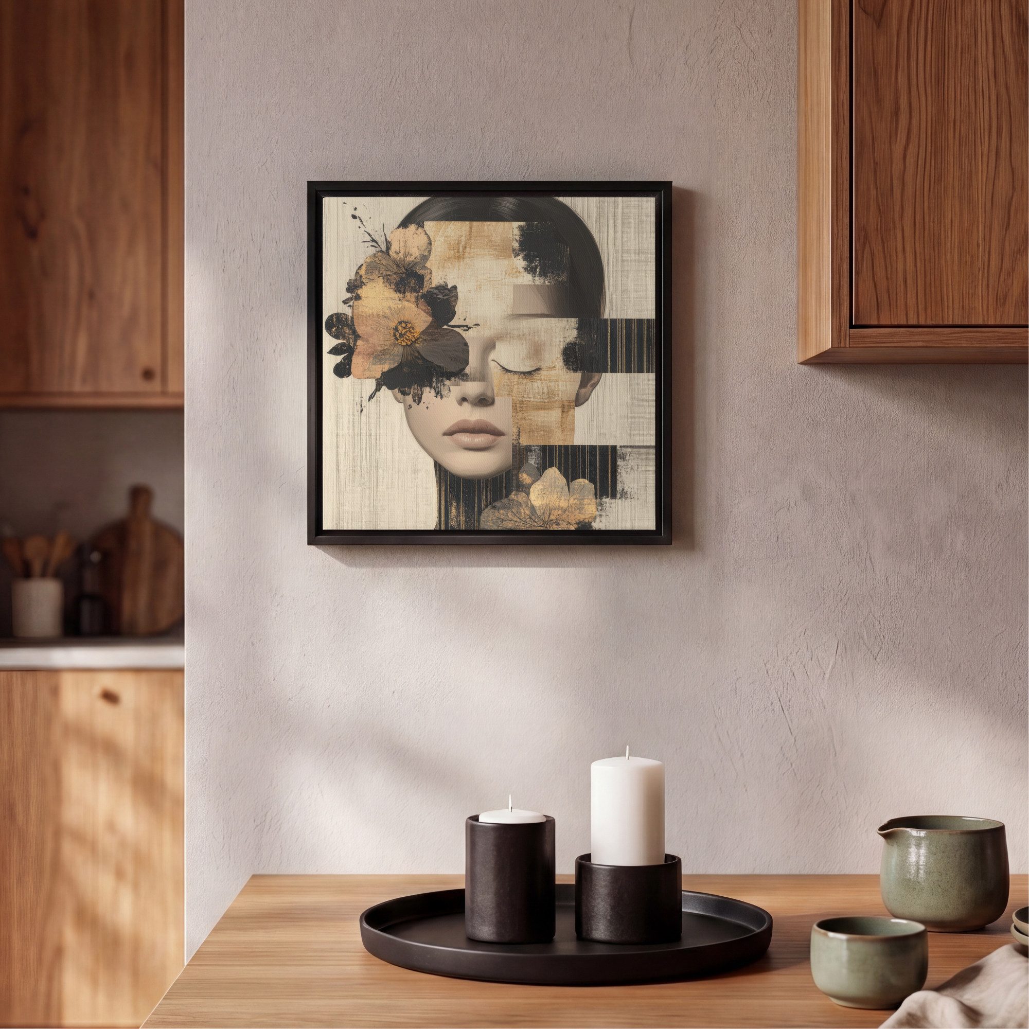 OneMillionCanvasses® Leinwandbild mit Rahmen - Gesicht - Blumen - Schwarz - Frau, Fotodruck (1 St), Leinwand Bilder Klein, Wand Dekoration Aesthetic 20x20cm – Bild 2 von 5