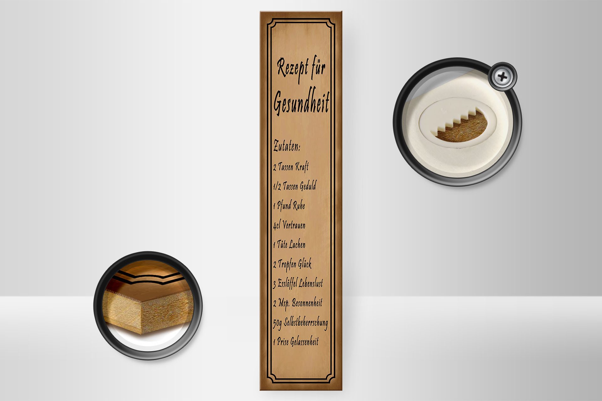 Femer GmbH Holzbild Spruch 10x46cm Rezept für Gesundheit 2 Tassen, Sprüche Zitate Lustiges (1 St), Glatte Holzfaserplatte (MDF), vorn beschichtet