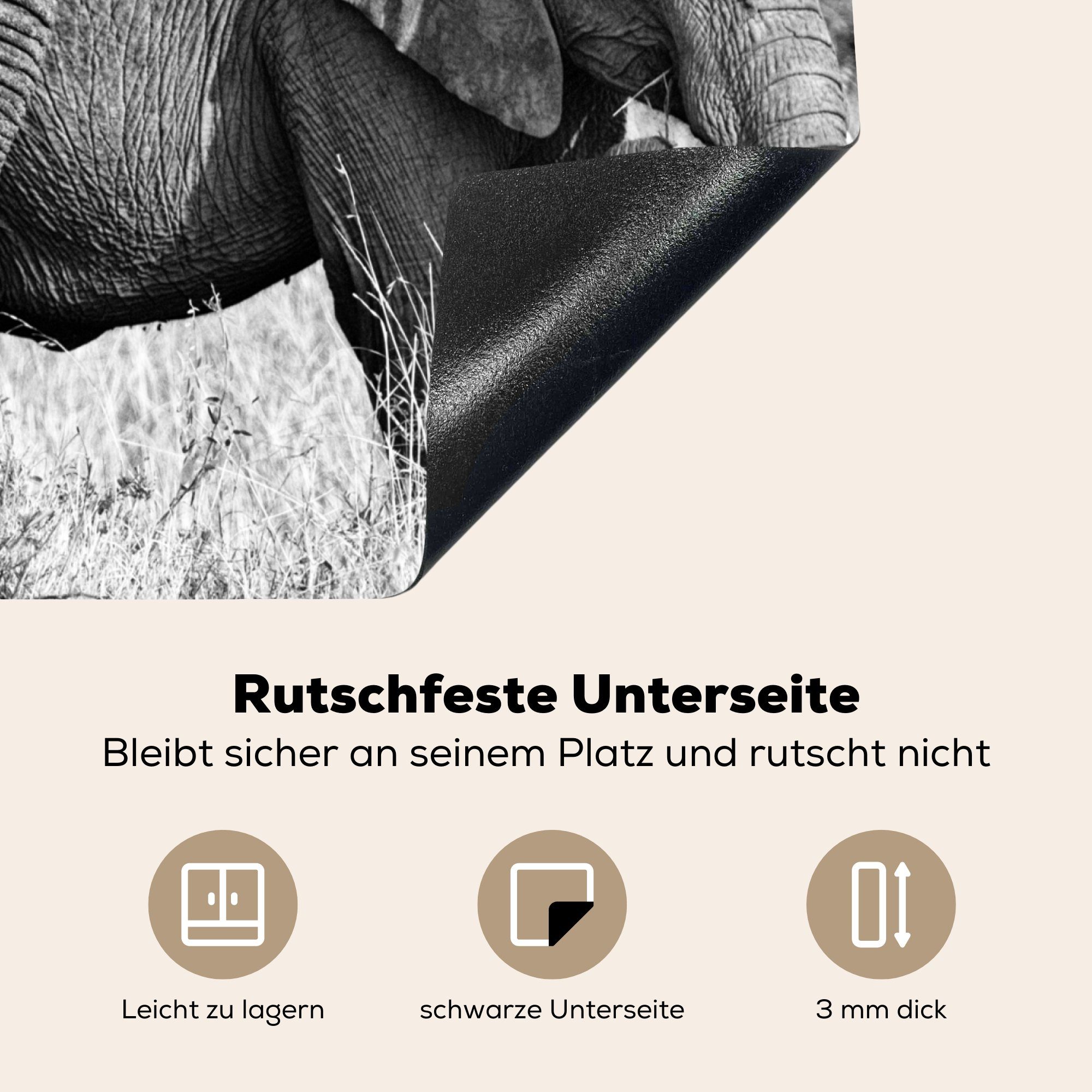 MuchoWow Herdblende-/Abdeckplatte Elefant - cm, Schwarz und (1 die - 59x52 Induktionsmatte weiß, Ceranfeldabdeckung für - Tiere Gras tlg), Vinyl, küche