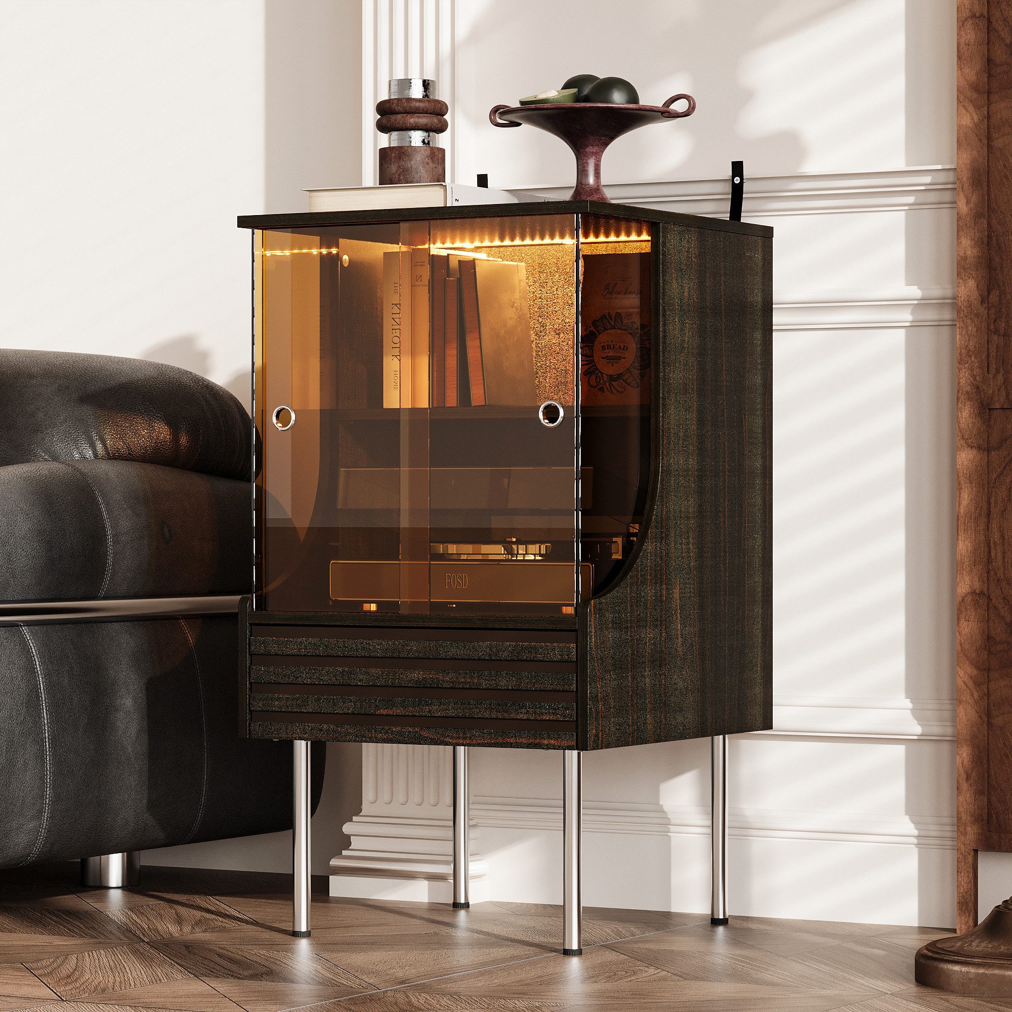 FUFU&GAGA Sideboard Schallplattenschrank mit Glas-Schiebetüren,Walnussoptik günstig online kaufen