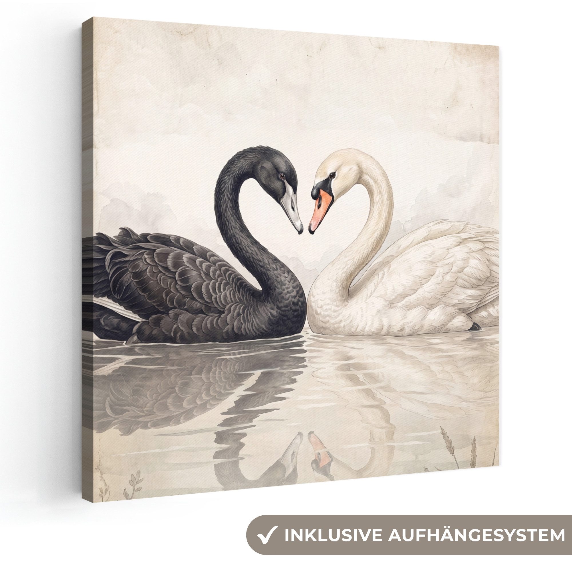 OneMillionCanvasses® Leinwandbild Schwäne - Herzform - Tiere, Fotodruck (1 St), Wandbild, Deko Schlafzimmer Wohnzimmer Flur 20x20 cm