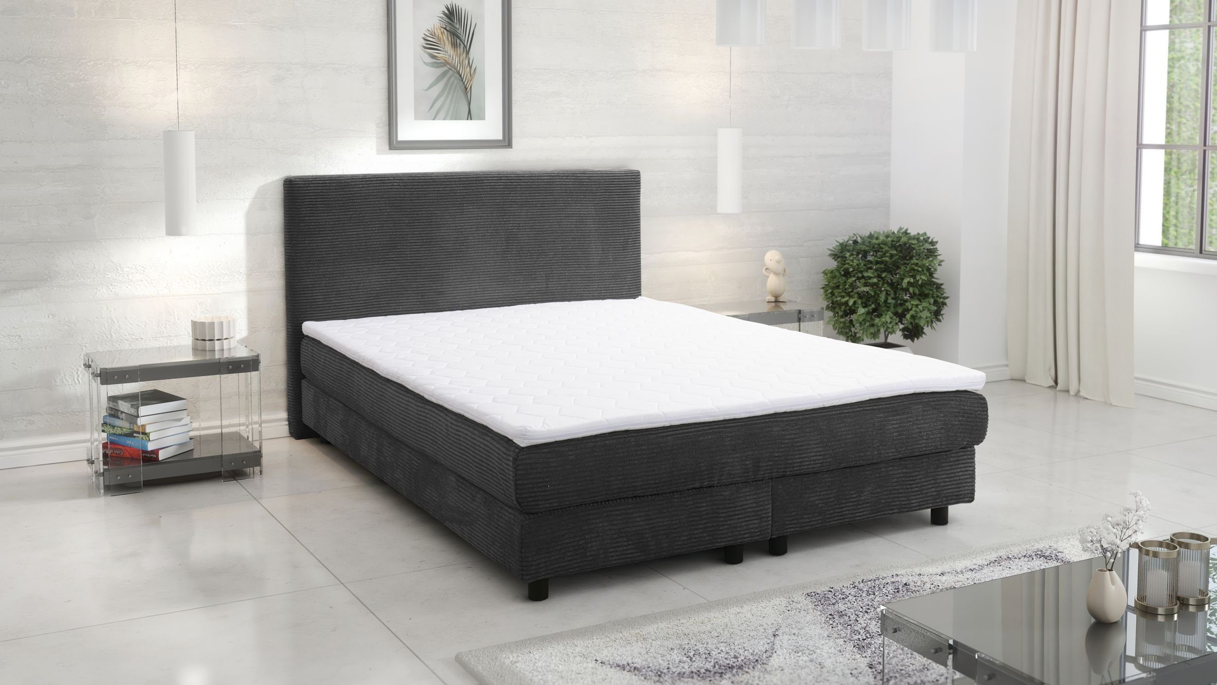 Küchen-Preisbombe Boxspringbett Glenn 2 Hotelbett Boxbett 140x200 Bett Topper Cordstoff Graphite