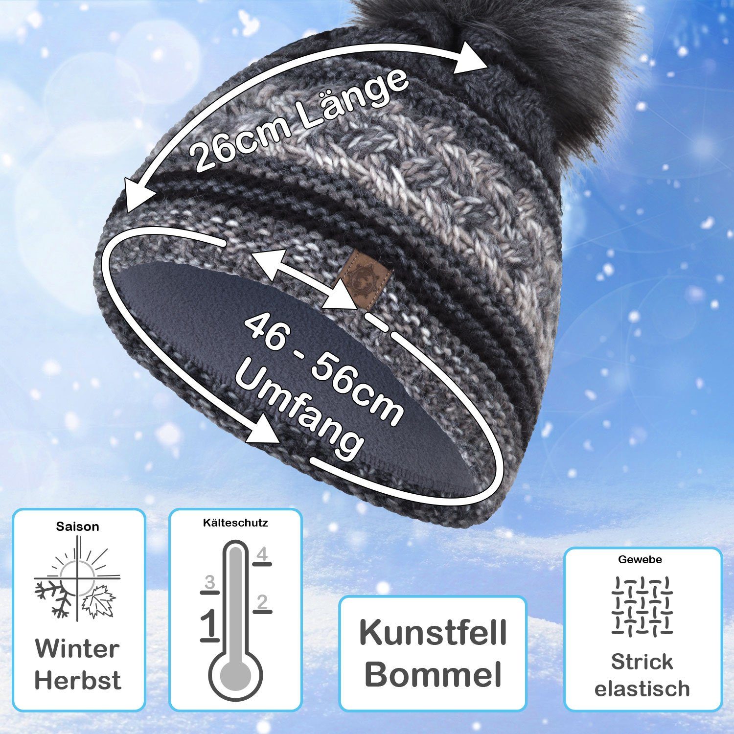 compagno Bommelmütze (1-St) Wintermütze anthrazit Damen Strickmütze Winter gefüttert Beanie