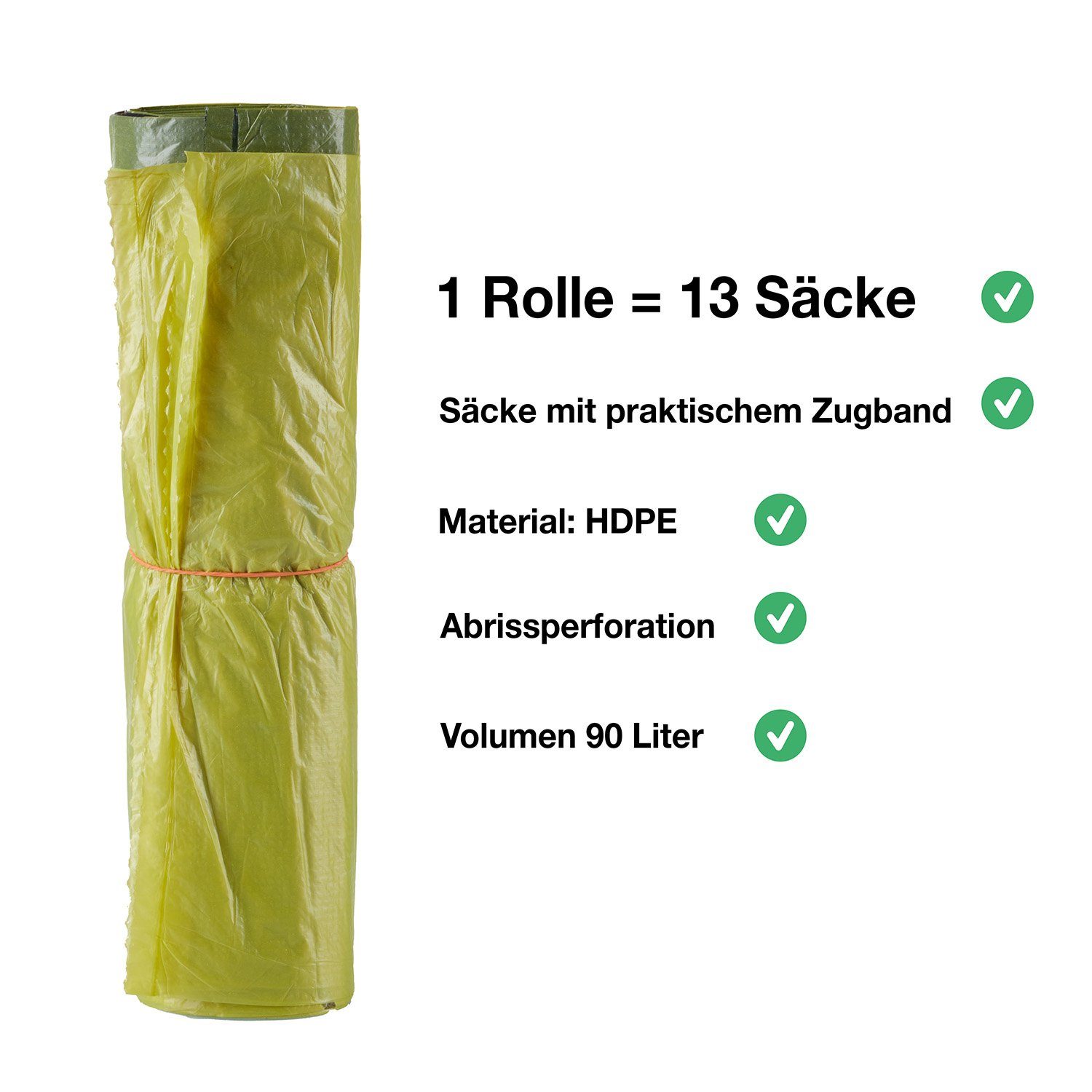 BigDean Müllbeutel 10 Rollen (130 Säcke) 90 L HDPE Gelb ca. 60x87 cm plus 5cm Umschlag, Zubehör für Recycling, Reißfest, Mit Zugband, 90L