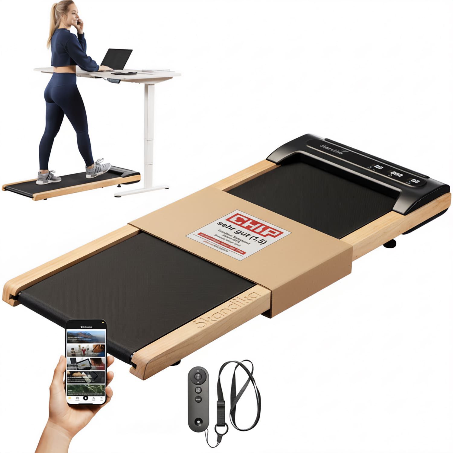 Skandika Laufband für Zuhause, Walking Pad Nordik, 6 km/h, LED-Display, Fernbedienung (LED-Bildschirm, Max. Benutzergewicht 120 kg, Transportrollen), 23 Programme, App kompatibel, bis 135 kg, 16 Widerstandsstufen