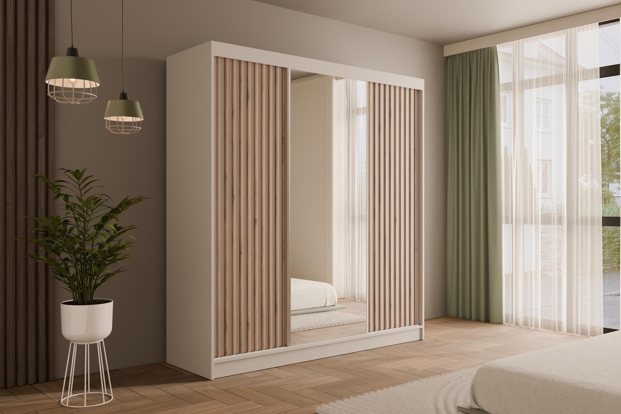 ALTDECOR Schiebetürenschrank V2-ZENTI (Kleiderschrank Garderobenschrank mit viel Stauraum Moderner Schrank) Spiegel Spiegeltüren Lamellen Vielseitiger Schwebetürenschrank