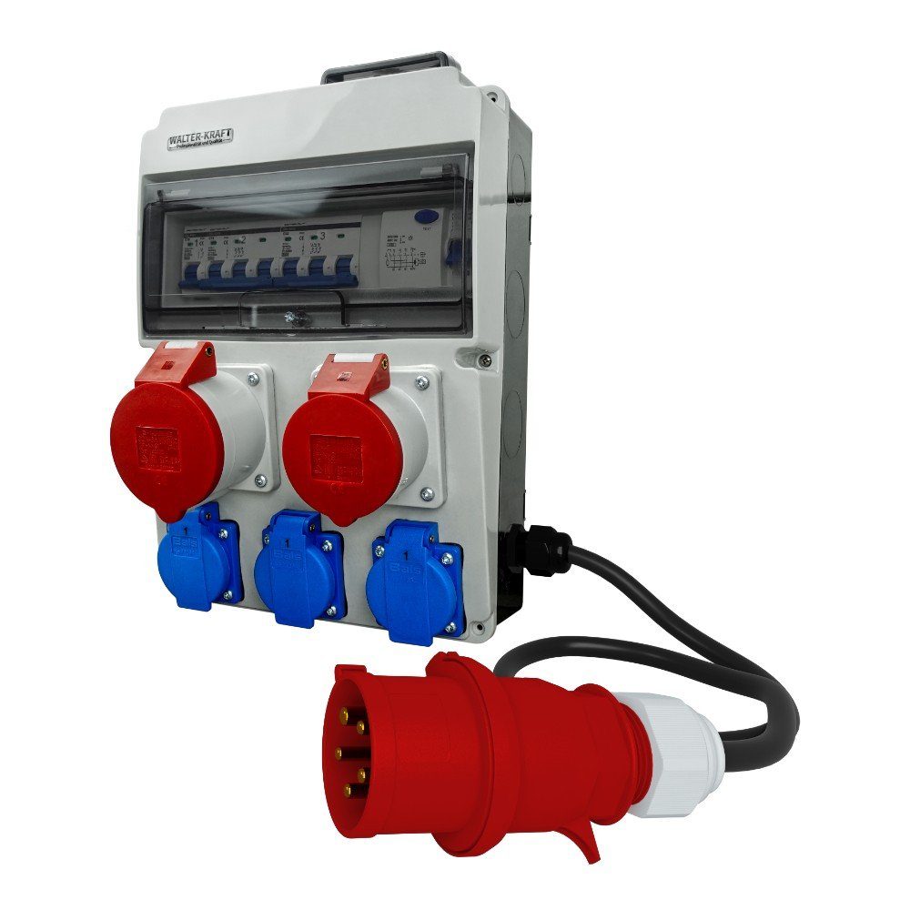 WALTER-KRAFT Stromverteiler FI LS Baustromverteiler Griff CEE 32A/16A 3x230 Bals Steckdosenverteiler (Leitungschutzschalter für CEE-Steckdosen 1 x C32A 3P 6kA, 1 x C16A 3P 6kA, Fi-Schalter 40A 30mA 4P Typ A RCCB, Leitungschutzschalter für 230V Steckdosen 1 x C16A 1P 6kA), ausgestattet mit Bals Steckdosen und einem Griff