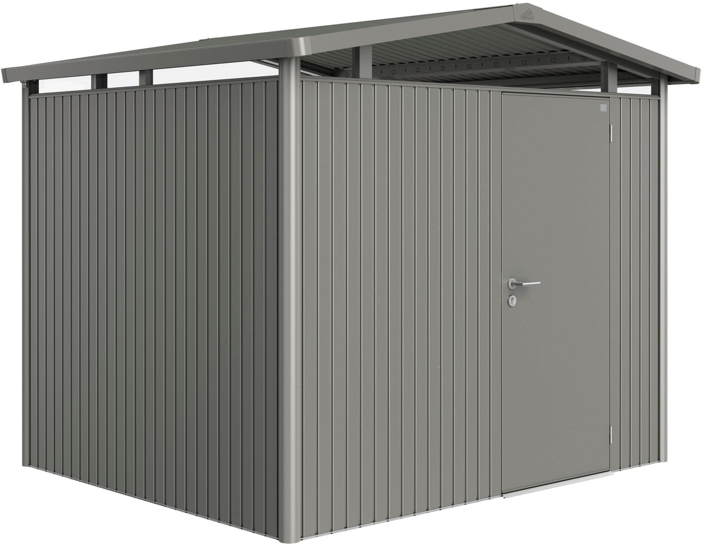 Biohort Gerätehaus PANORAMA Gr. P3 quarzgrau-metallic mit Standardtür, BxT: 273x238 cm, aus Metall mit umlaufendem Acrylglas-Lichtband