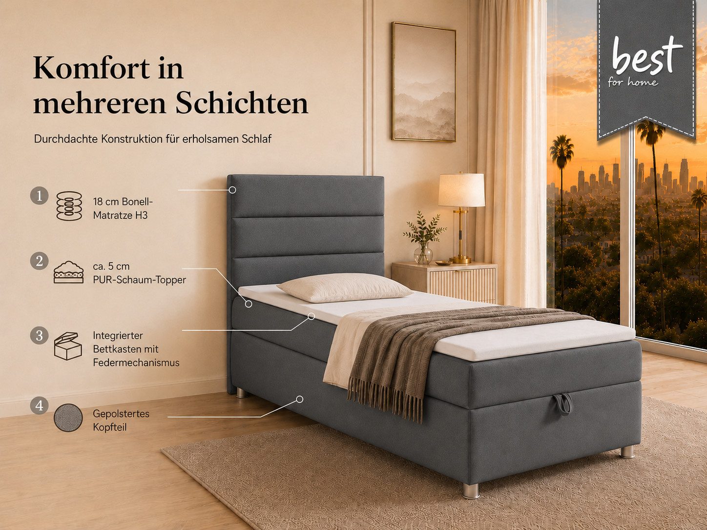 Best for Home Boxspringbett Trinity K-4 Single 5cm Topper Bonell Bettkasten (Einzelbett, Polsterbett mit gepolstertes Kopfteil, Jugendbett, Kinderbett versch. Größen, 1-St., 70x200 80x200 90x200 100x200 cm), Stauraum; ergonomischer Schlafkomfort; modernes Design
