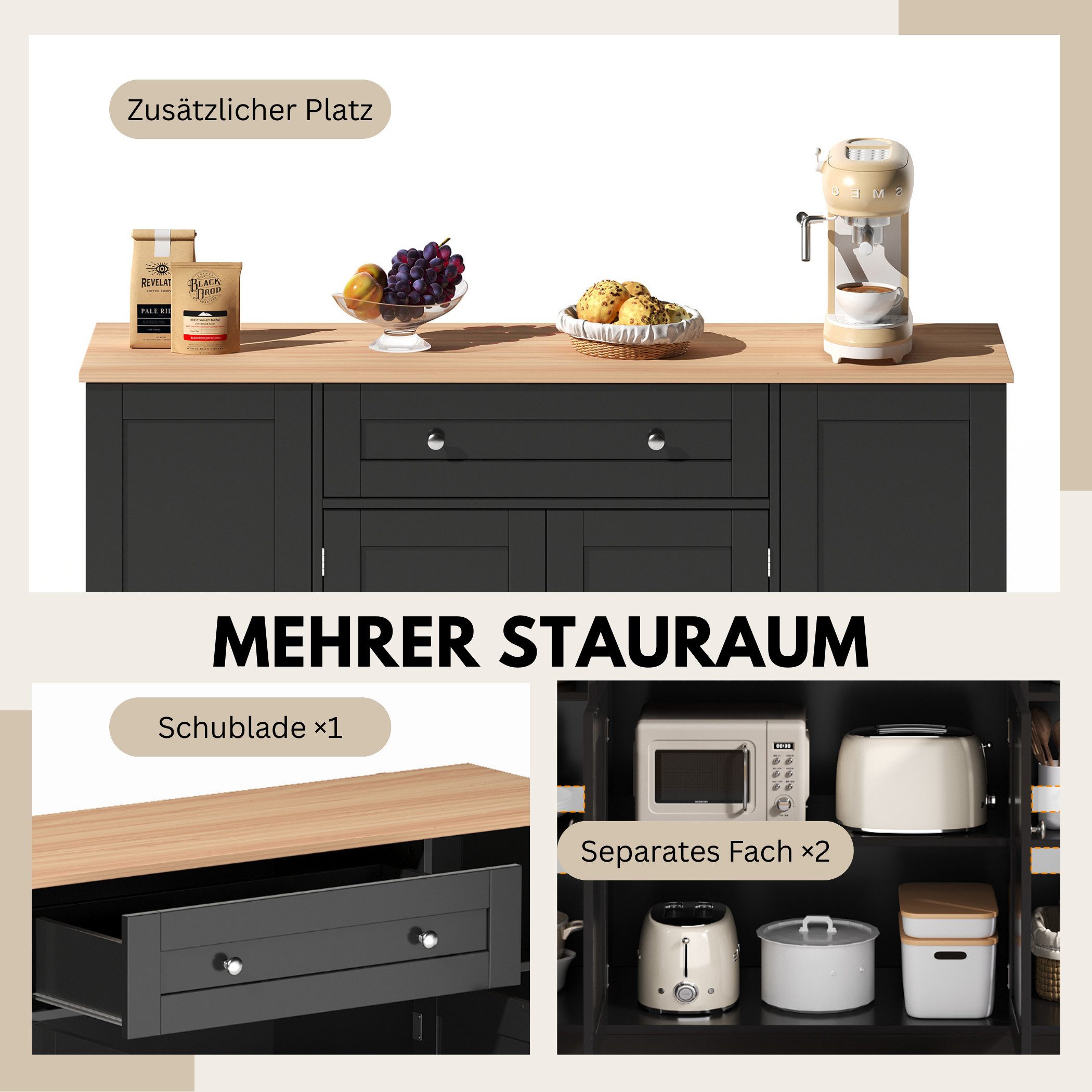 SeedWave Anrichte Modern Küchenbuffet Mehrzweckschrank Beistellschrank mit Viel Stauraum, Türregale mit Schutzgeländern, Wandhalterung für Anti-Kipp Funktion – Bild 5 von 5