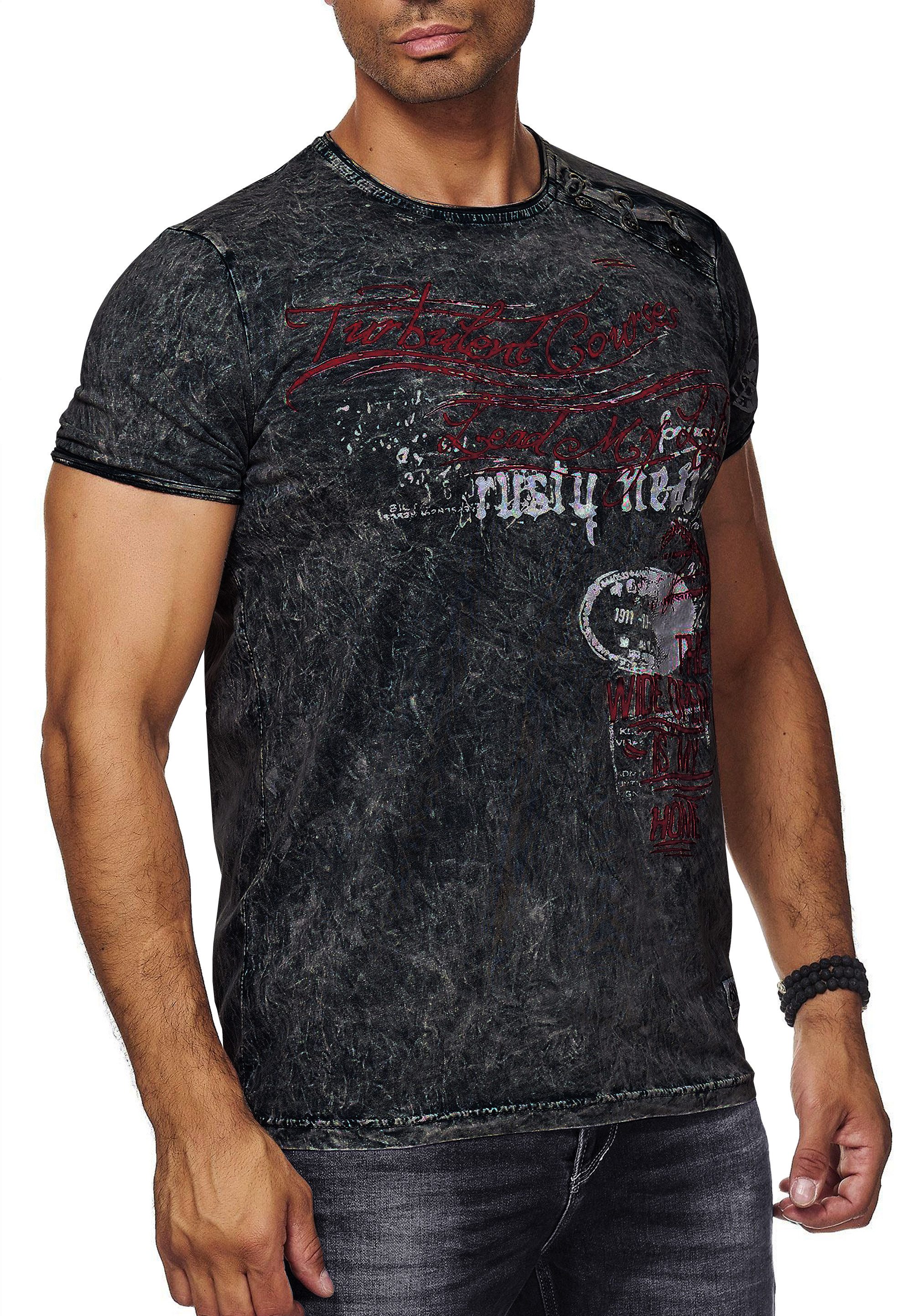 T-Shirt T-Shirt Herren Seitliche Knopfleiste Oil Washed mit Front Print