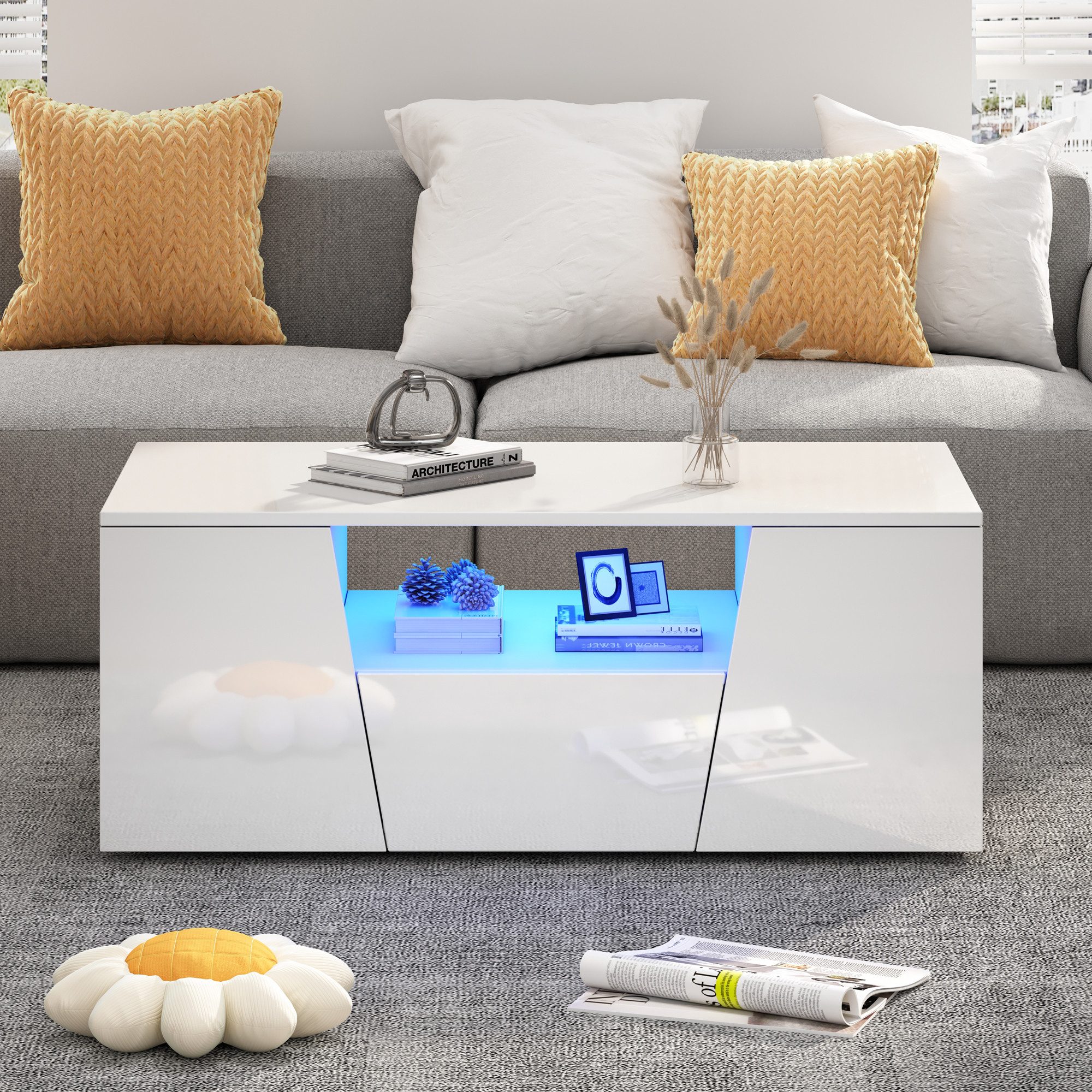 Merax Couchtisch hochglanz Sofatisch Beistelltisch mit LED-Beleuchtung (Kaffeetisch mit App-Steuerung & USB-Anschluss, 1-St., 100x50x40cm), Wohnzimmertisch mit 2 Schränken, 1 Schublade & unregelmäßigem Design