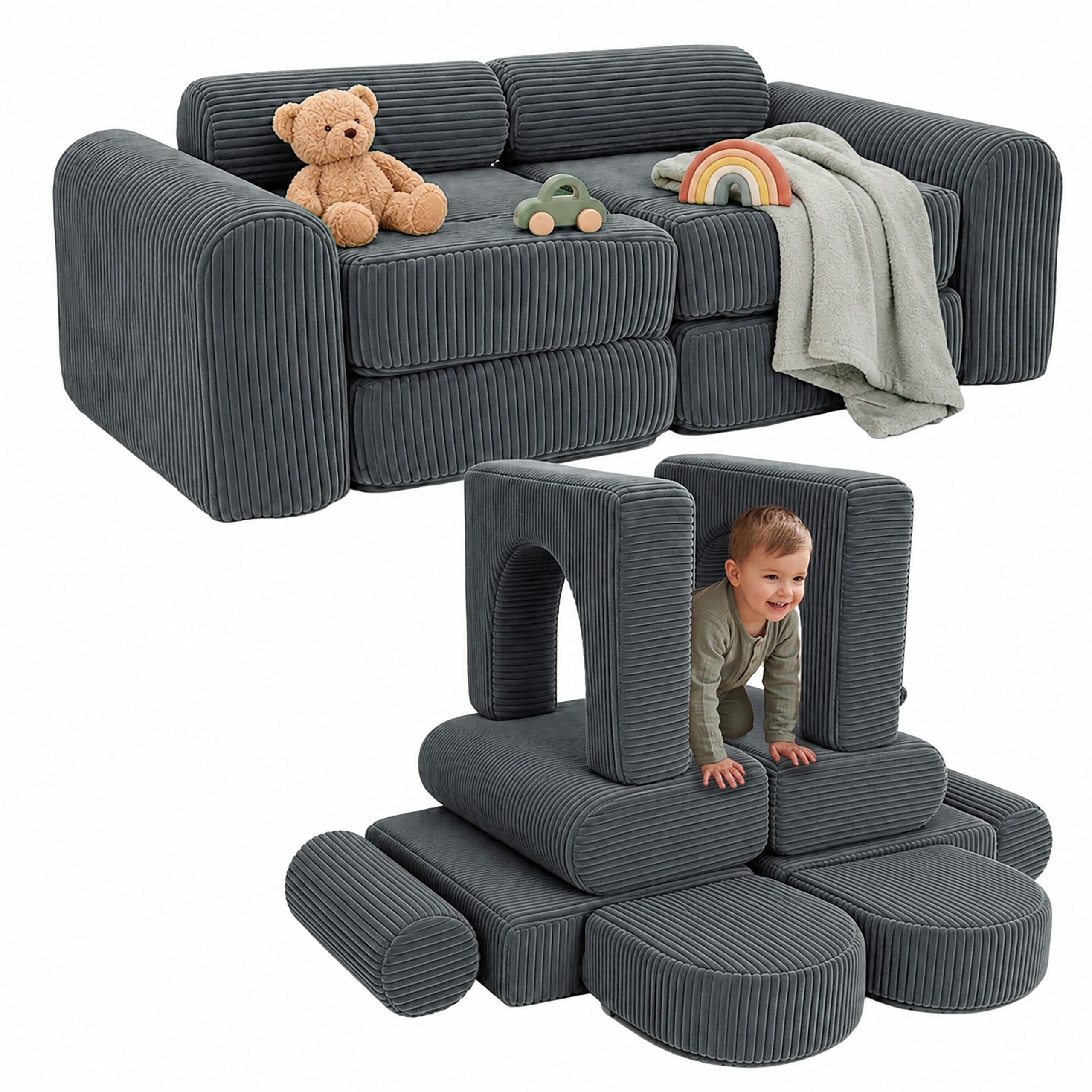 relaxdays Kindersofa 10-tlg. Kinder Spielsofa modular, Anthrazit