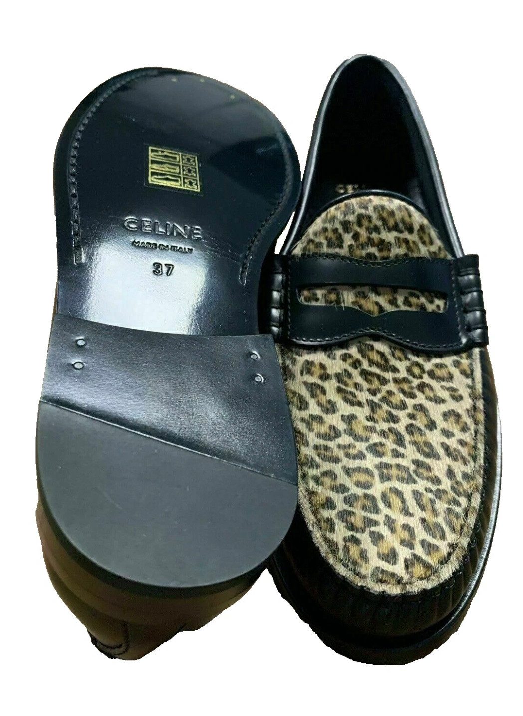 CELINE Luco Slippers Schuhe aus poliertem Kalbsleder & Tiger-Print-Haarleder Loafer Ledersohle mit Blake-Machart und handbemalter Außensohle