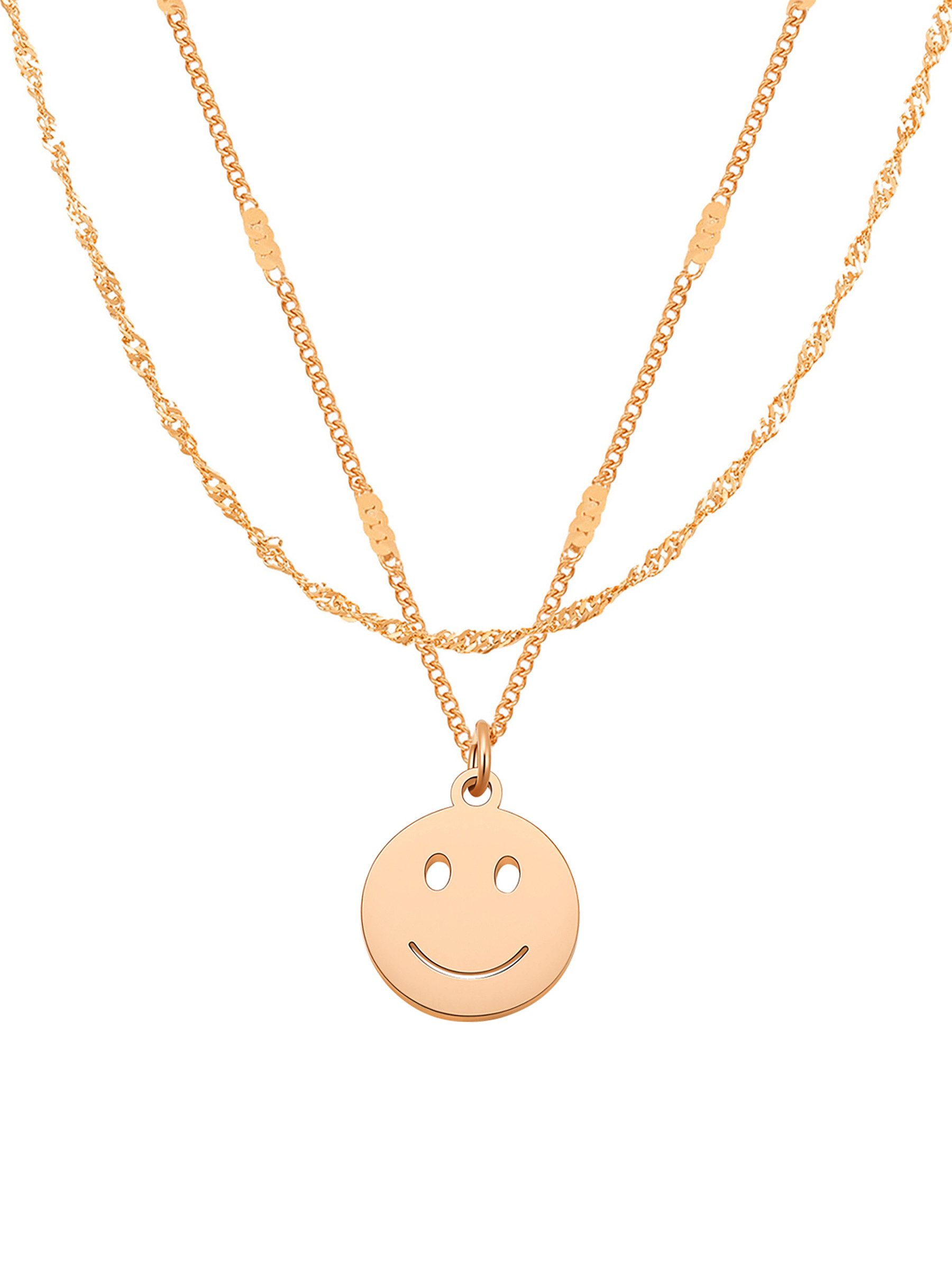 Hey Happiness Charm-Ketten-Set Smiley Gesicht und Singapur Ketten Layering Schmuckset, Edelstahl Ketten Set mehrlagig mit Anhänger, wasserfest