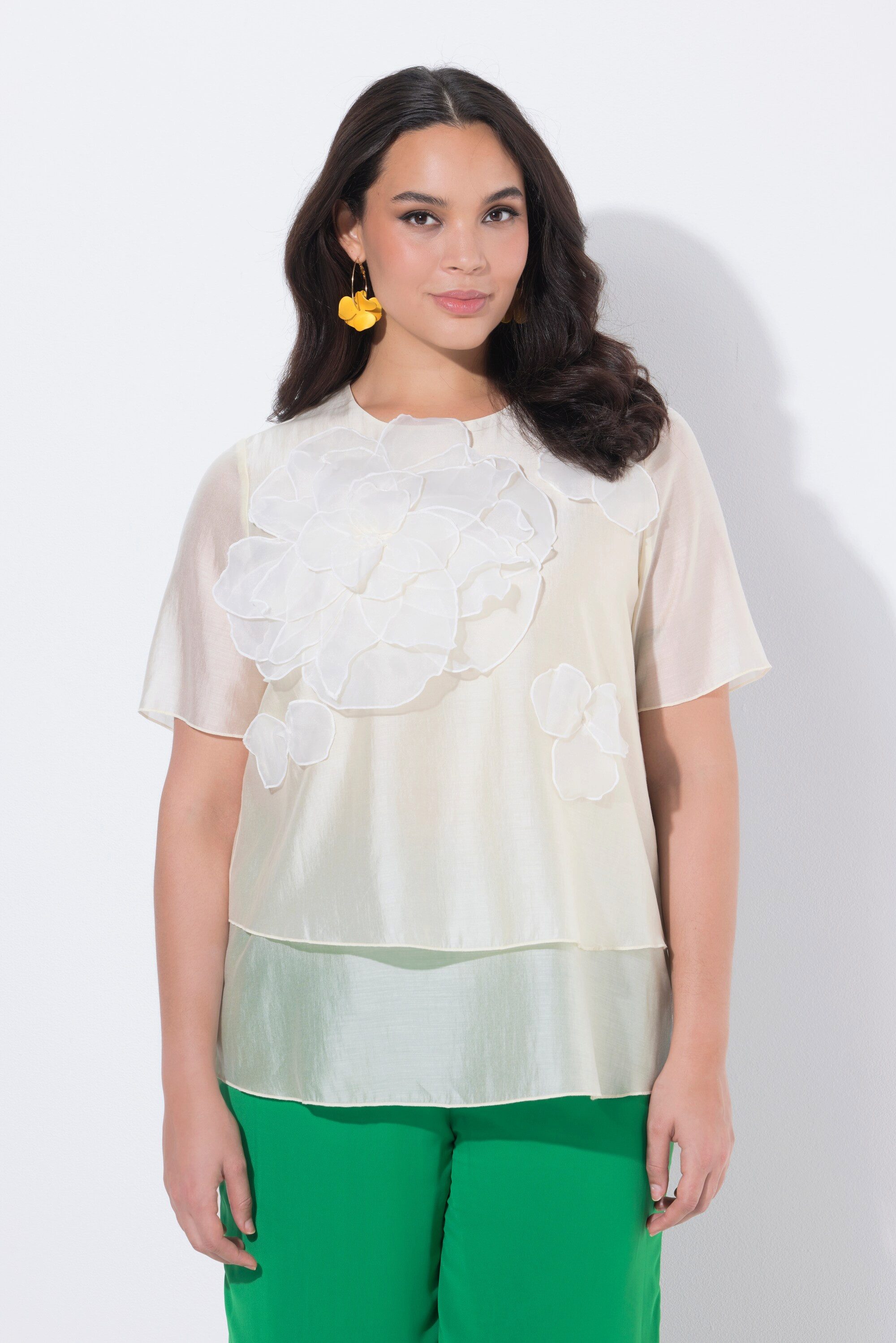 Ulla Popken Spitzenbluse Chiffonbluse Blüten-Applikationen Rundhals günstig online kaufen