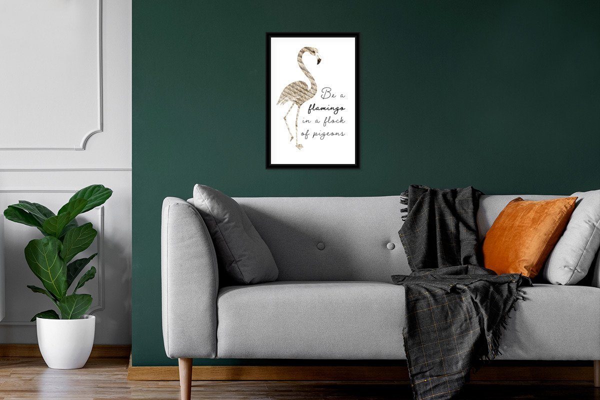 Wanddeko, MuchoWow - Schwarzem Vogel, Bilderrahmen Flamingo (1 St), - Wandposter, Poster Poster, Federn Bilder, Gerahmtes