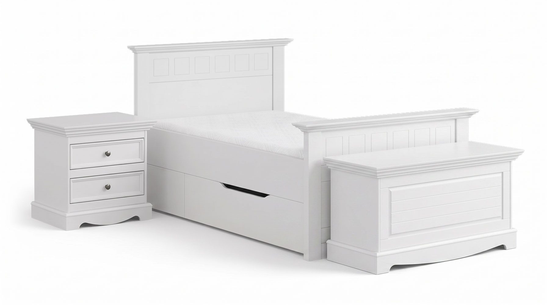 Feldmann-Wohnen Schlafzimmer-Set Belluno Elegante, (lackiertes finnisches Kiefernholz, mit Schubladen, 4-tlg., moderne Optik, 4-teiliges Schlafzimmer-Set, mit Schubladen), 90x200cm Massivholz Kiefer Weiß