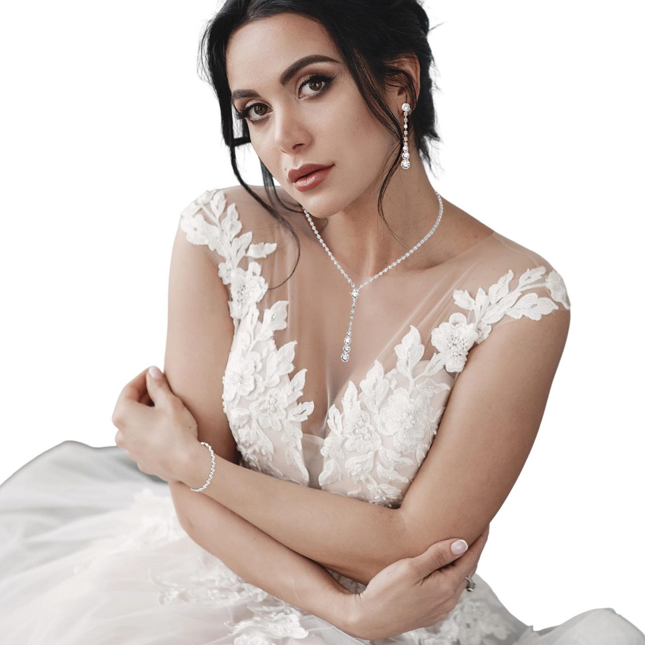 Zaewry Schmuckset Strass-Brautschmuck-Set, elegante Kristall-Tropfenanhänger-Halskette, Ohrringe und Armband