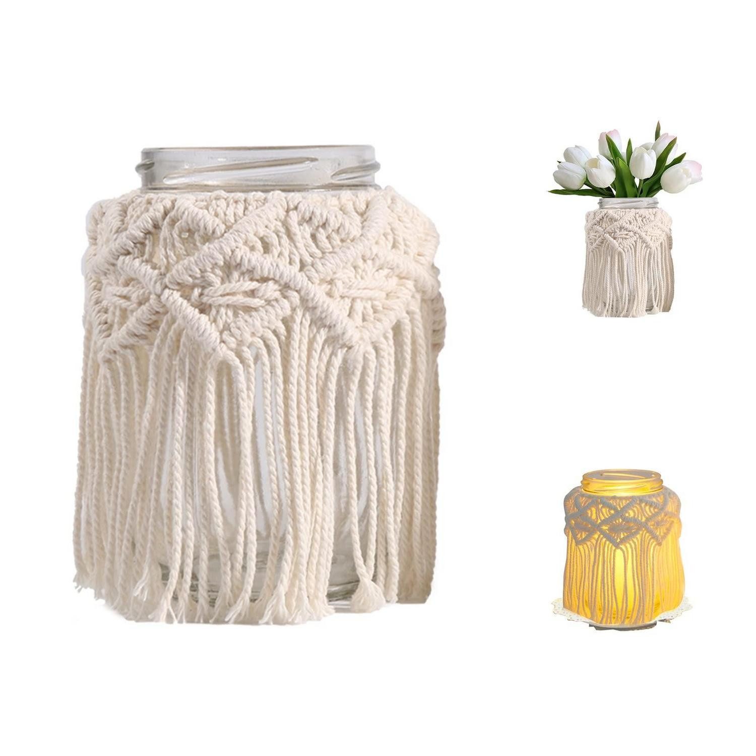 LuxusKollektion Windlicht Kerzenständer Makramee Boho Beige 12.5cm (1 St)