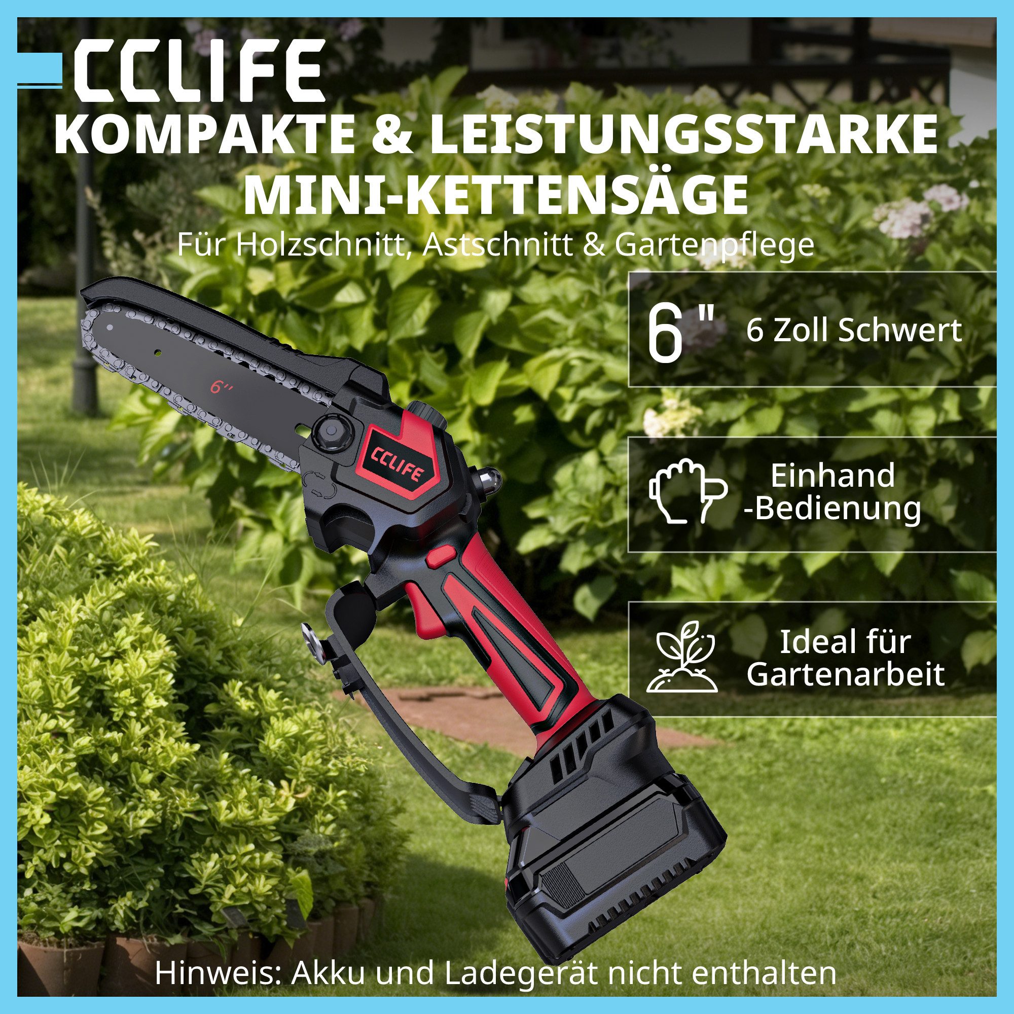 CCLIFE Akku-Kettensäge CCLIFE Mini Akku Kettensaege 6 Zoll 18V Werkzeuglose Kettenspannung