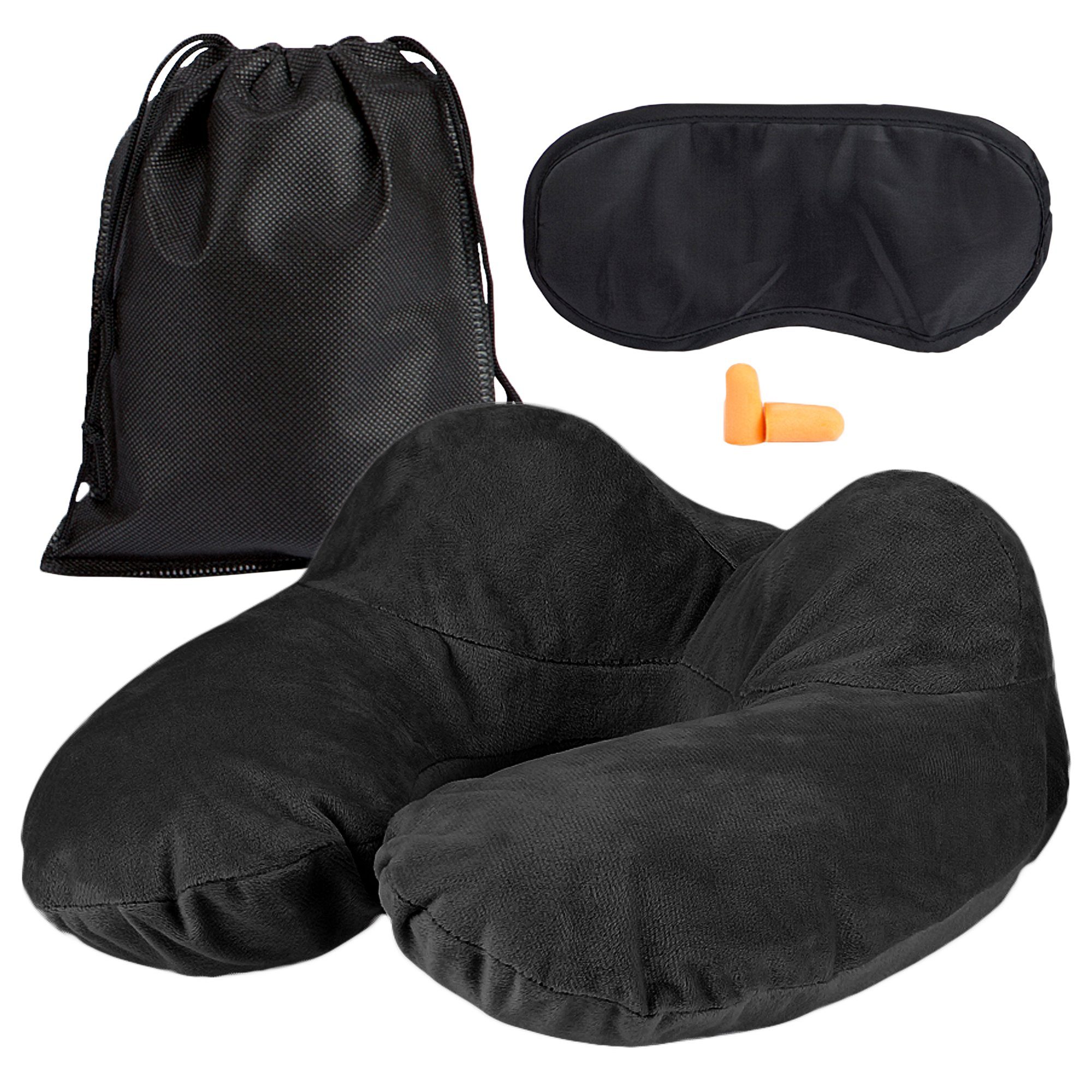 EAZY CASE Шея белка Aufblasbares Шея белка mit Stoffbezug, Шея белка Reise Set inklusive Schlafmaske & Ohrstöpsel Schwarz, Шея белка Reise Set inklusive Schlafmaske & Ohrstöpsel Schwarz