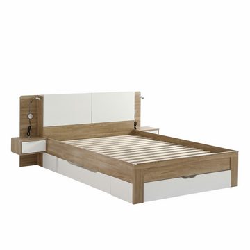 DOPWii Bett 140x200cm Doppelbett,Bettanlage mit 2 Nachttisch,Schubladen,Paneelbett, mit 2 LED Nachtkommoden,Aufklappbarer Ablage,MDF + Spanplatte
