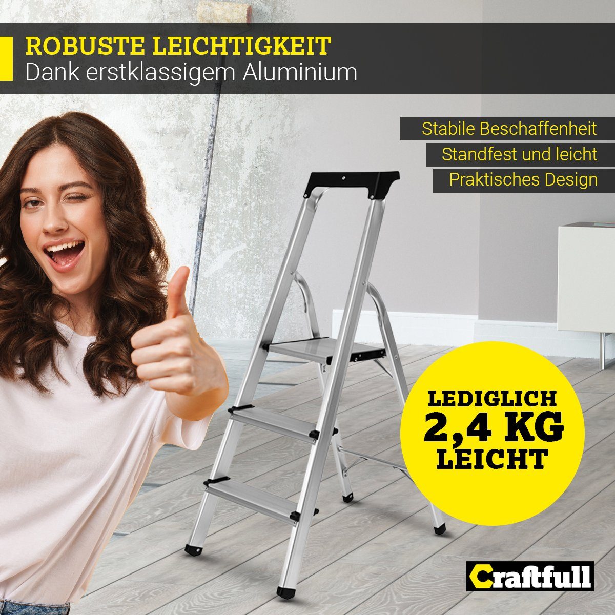 Craftfull Stehleiter Aluminium 3 Jahre Garantie Haushaltsleiter 3-6 Stufen (Haushaltsleiter, Stehleiter, Leiter aus Alu, Leiter, Trittleiter, Klappleiter, Multifunktionsleiter, Sicherheitsleiter, Extra große Ablagefläche, Anti-Rutsch-Trittfläche, Gummierte Standfüße), Multigerüst Gerüst Ablagefläche - Aluminiumleiter klappbar