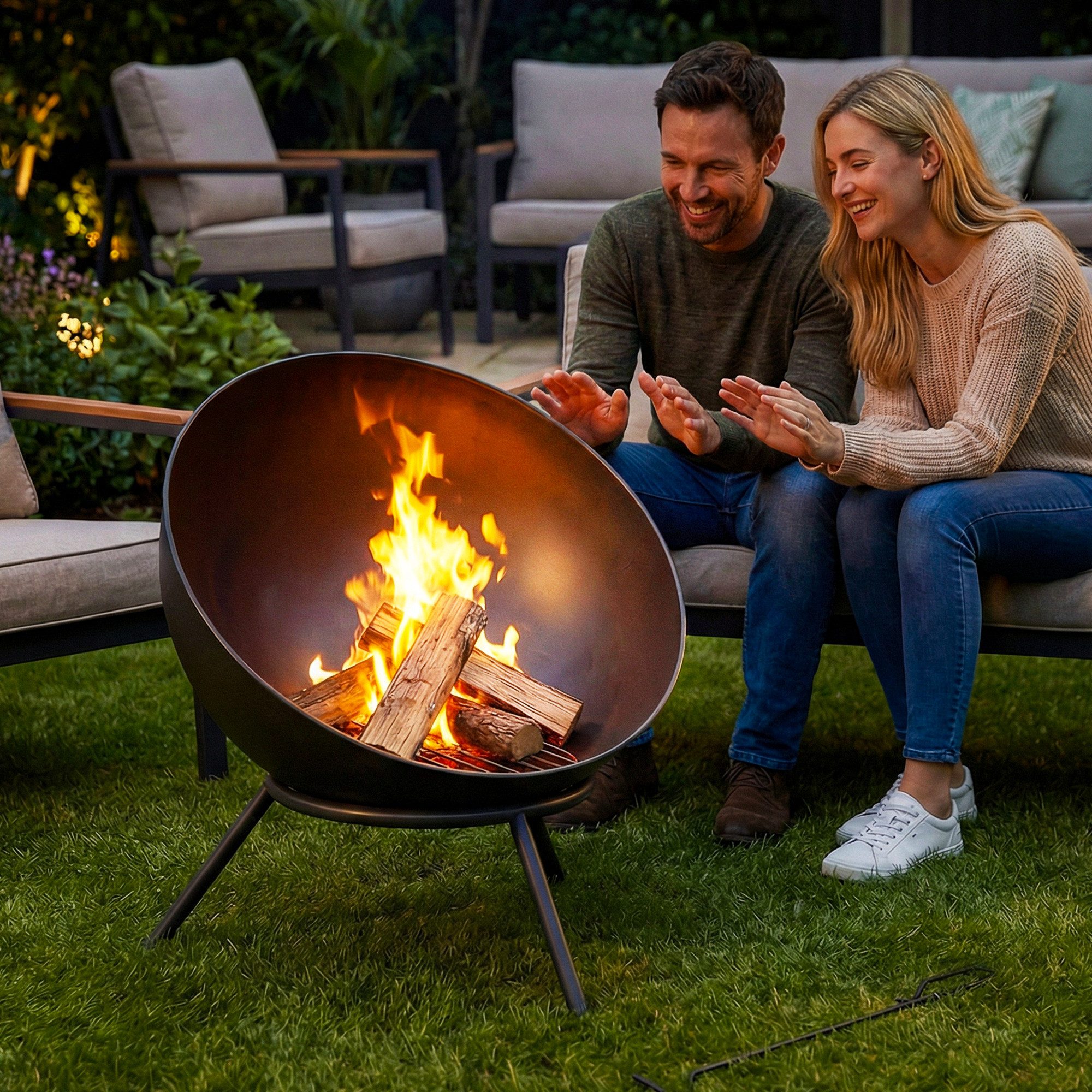 Outsunny Feuerschale mit Schürhaken, Kohlegitter, Ständer, (Feuerstelle, 1-St., Feuerschalen), für Outdoor BBQ Camping Schwarz