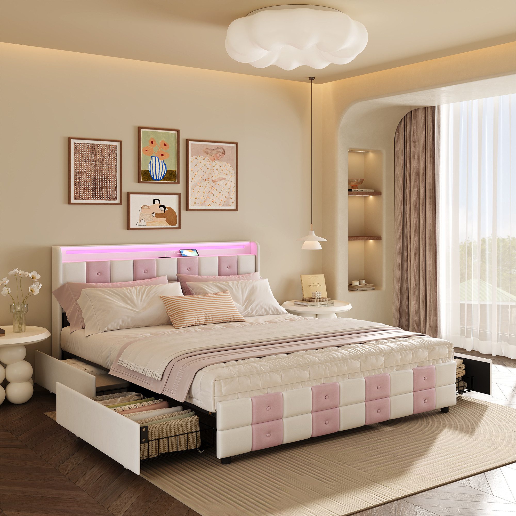 Furnishings Home Polsterbett LED Doppelbett 140x200cm, Stauraumbett mit Kopfteil und 4 Schubladen (Samtmaterial Polsterbett mit RGB Beleuchtung), mit Lattenrost und Ladefunktion, mit Komforthöhe, Leises Design Bett