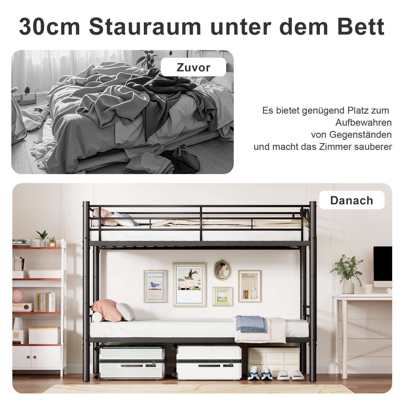 Drenice bunk bed 90x200cm, children's beds 90x200cm, iron bed, convertible to 2 single beds (Bunk Bed Kids with safety rail, convertible to 2 single beds), bunk bed with slatted base and anti-slip stairs, black