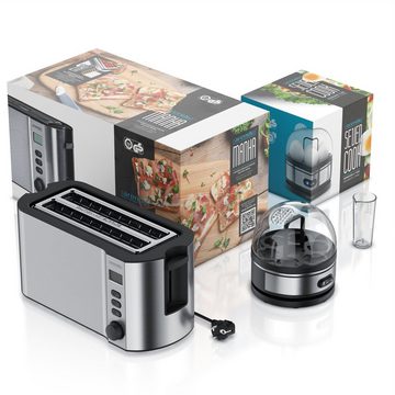 Arendo Frühstücks-Set (2-tlg), 4-Scheiben Langschlitz Toaster, 7er Eierkocher, Silber