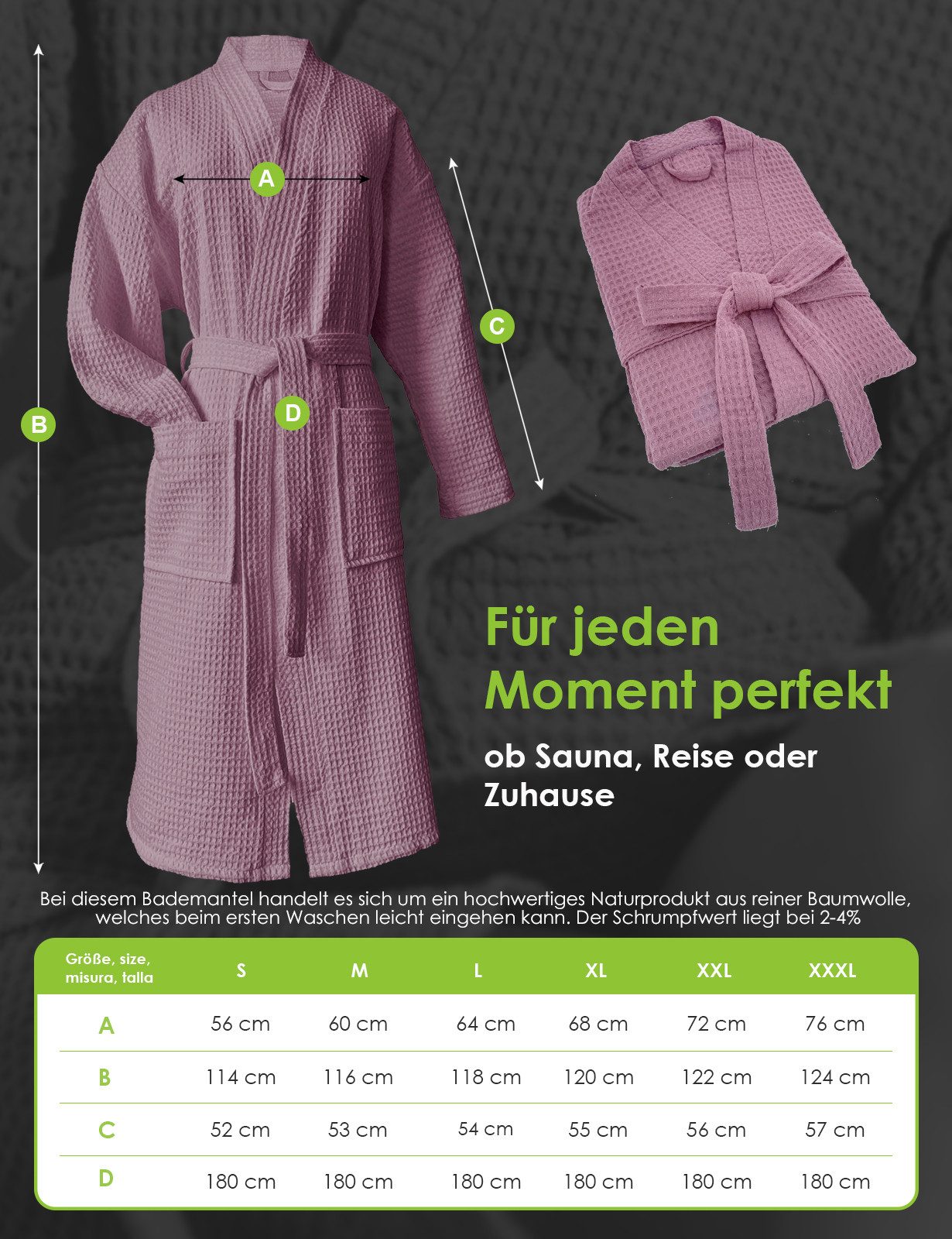heimtexland Bademantel Reisebademantel Saunamantel Waffelpique Morgenmantel, Midilänge, Baumwolle, 2 Taschen I Bindegürtel, Gürtel, leicht I atmungsaktiv I klei – Bild 4 von 5