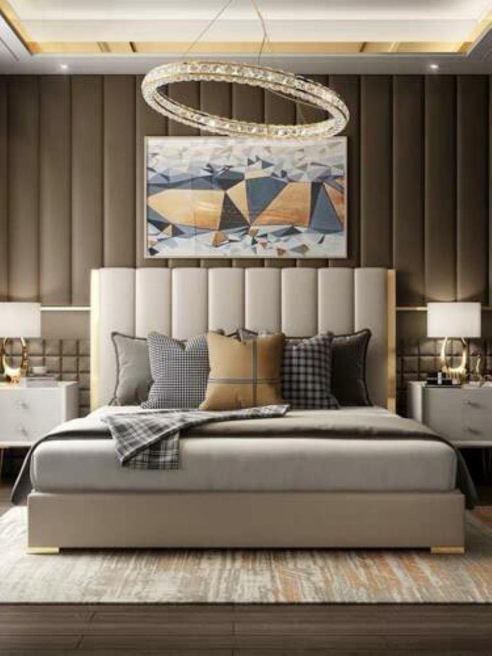 Lederbett, Schlaf Design Beige180x200cm Polster JVmoebel Grau Doppel Bett Zimmer Luxus Betten