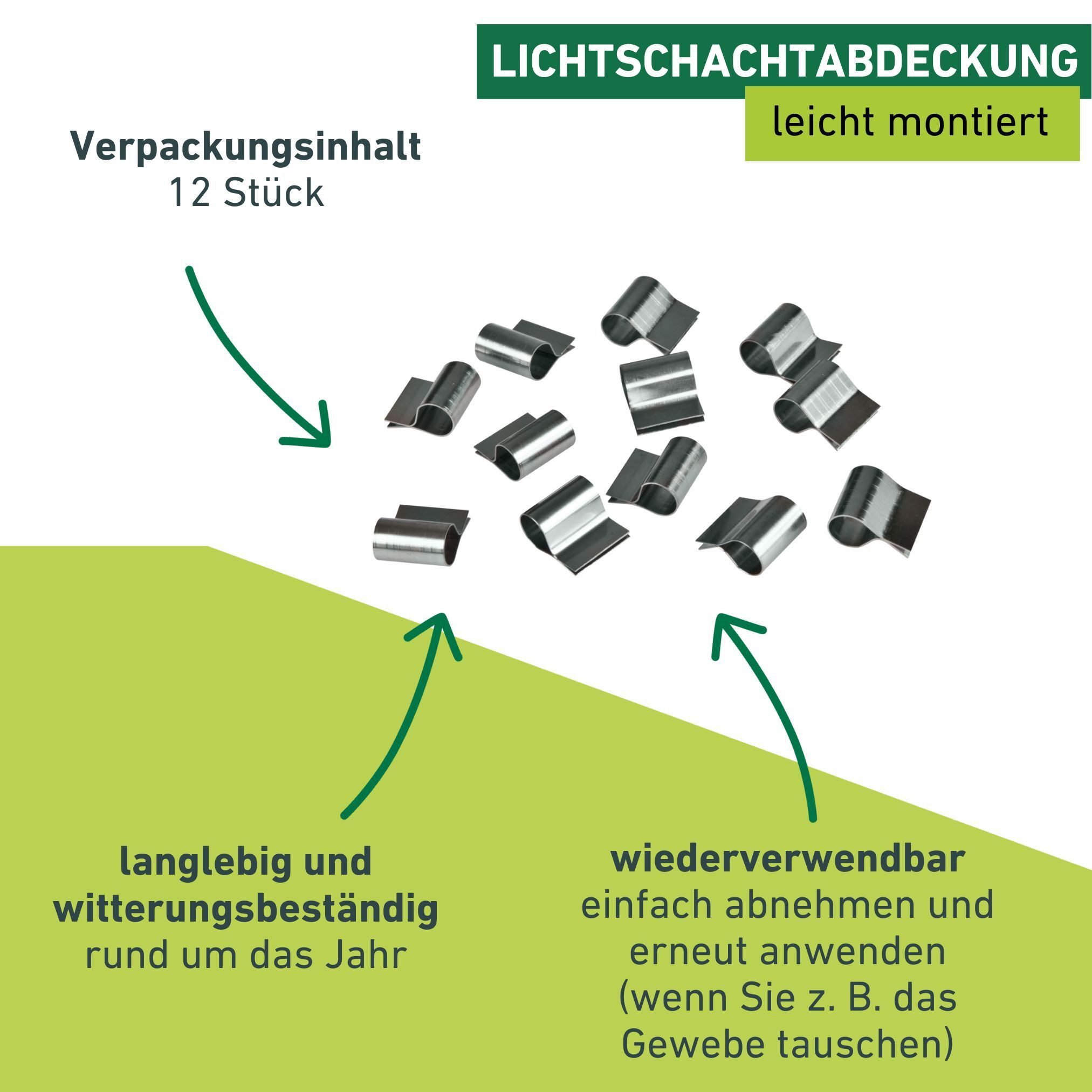 Windhager Lichtschachtabdeckung Edelstahl Befestigungsklammern 12 Stk., (Packung, 12-St), wiederverwendbar und geeignet für alle Windhager- Gewebearten
