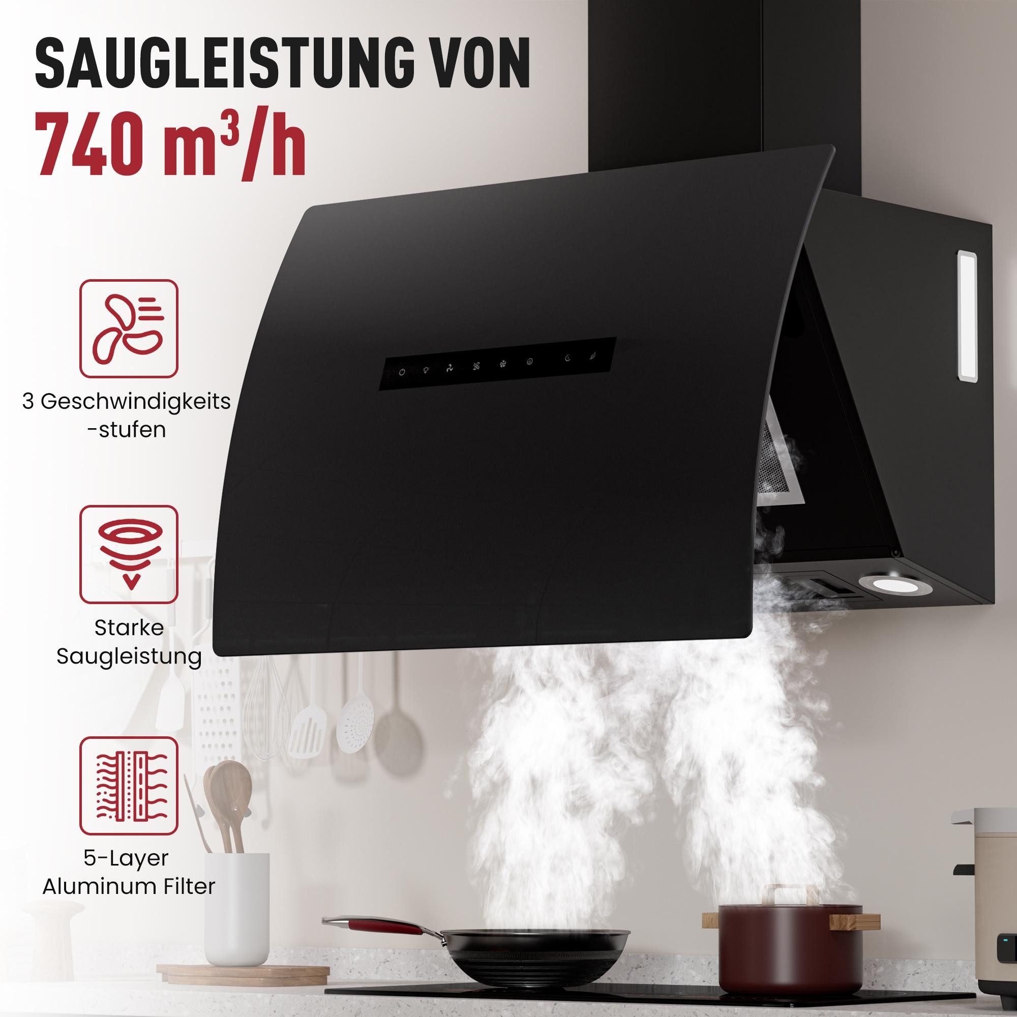 Levivo Kopffreihaube A+++ Kopffreie Dunstabzugshaube 60cm Umluft & Abluft mit 740m³/h A+++ Kopffreie Dunstabzugshaube 60cm Umluft & Abluft mit 740m³/h, Aktivkohlefiltern, Fettfiltern, LED-Beleuchtung