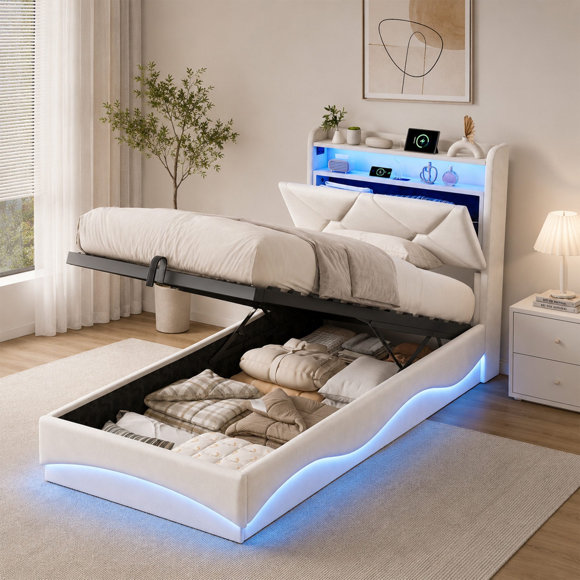 Simurq Stauraumbett Polsterbett 90x200 aus Samt, Einzelbett mit Bettkasten, Jugendbett (Kopfteil-Stauraum und Metall-Holz-Lattenrost), Stauraumbett mit Gasdruck – Bild 2 von 5
