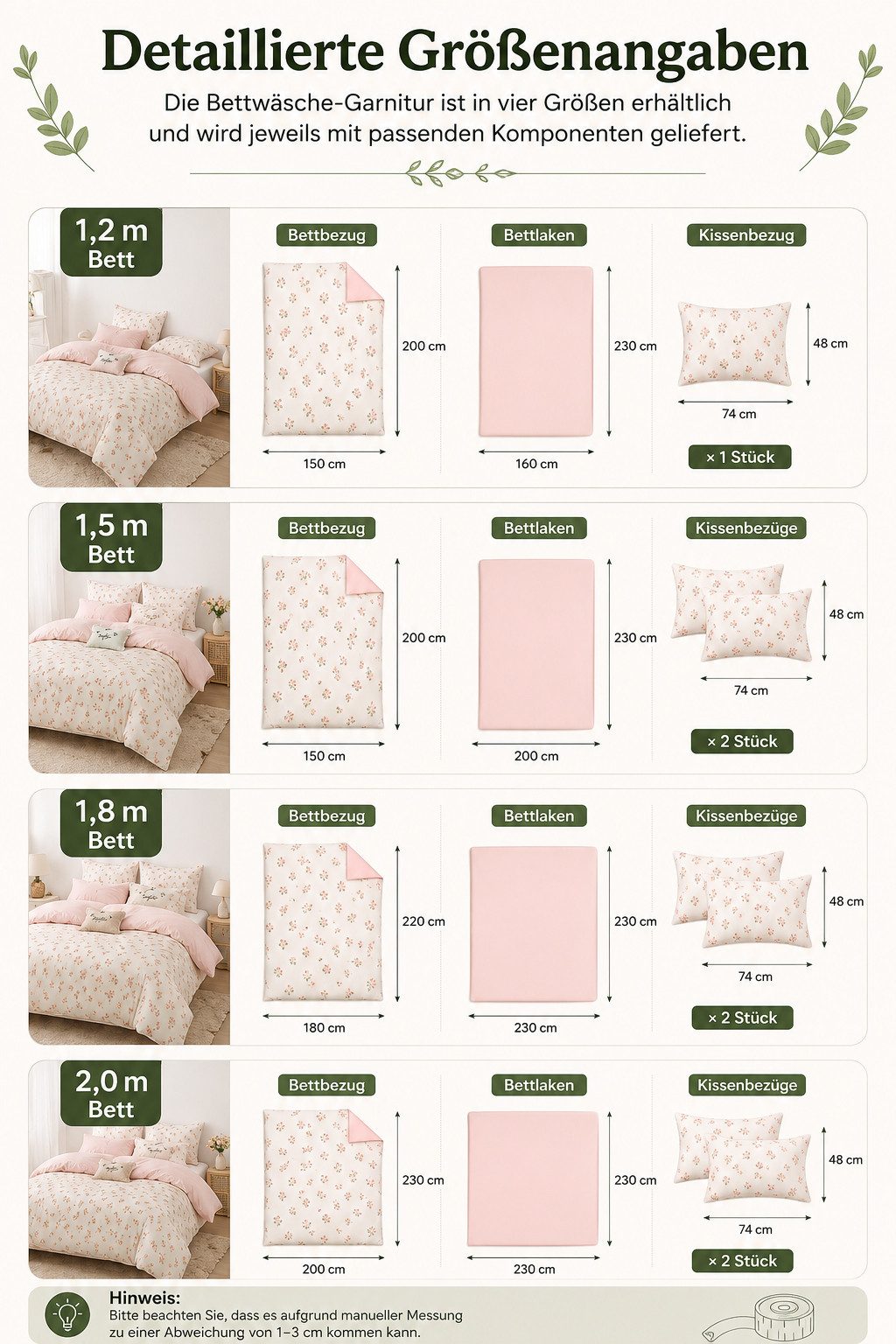 Agger Bettwäsche Wendebettwäsche Set Pink Weiß Blumen & Blätter – Aesthetic, 4 teilig, mit Reißverschluss, weiche moderne Bettbezug Garnitur für Schlafzimmer – Bild 4 von 5